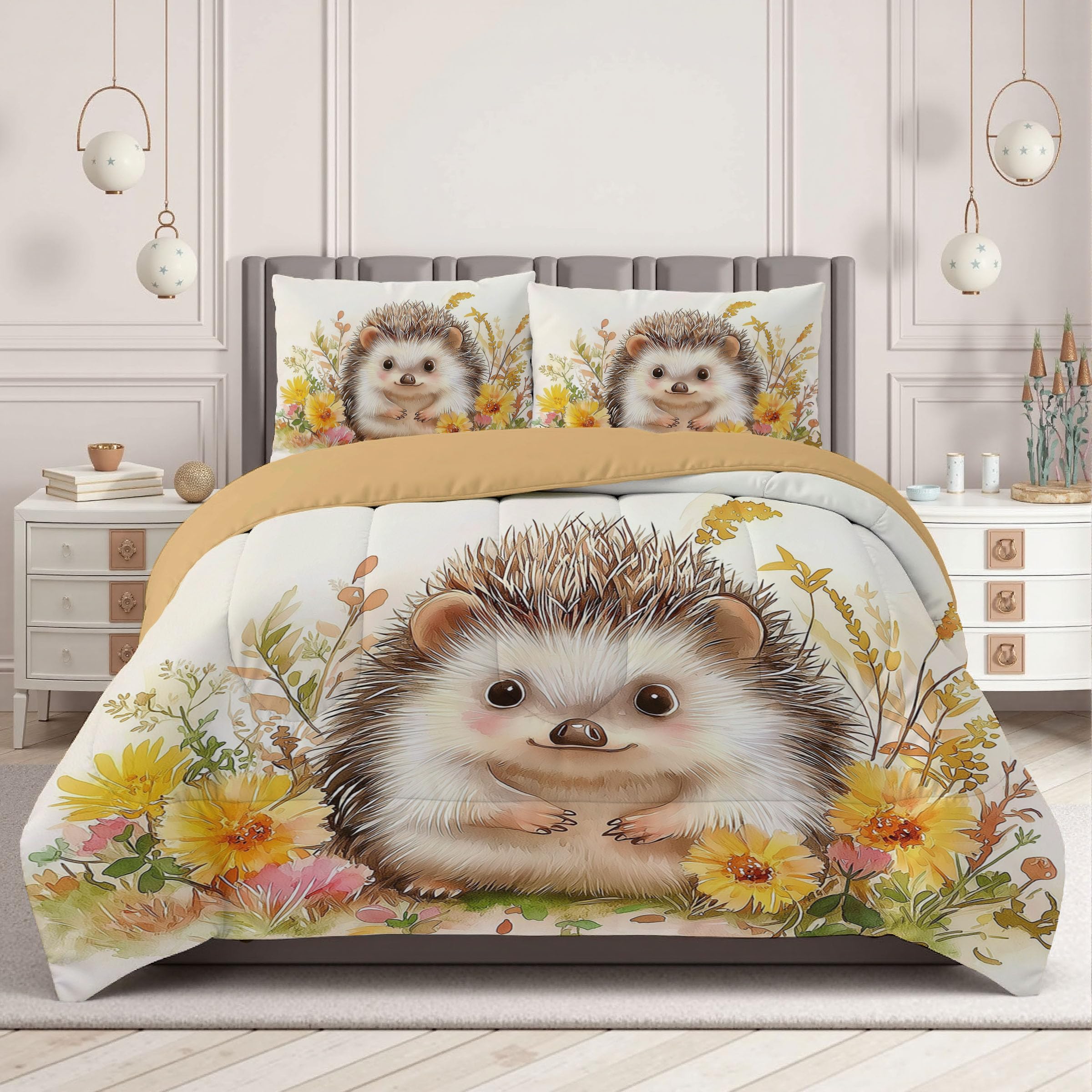 Trapunta Invernale in Ecopiuma, 240x220cm Set Piumone Illustrazioni Per Bambini Imbottita 200 gr/mq Caldo e Morbido Piumino Trapuntato Fiore Di Riccio Coperta Letto Reversibile per 4 Stagioni, Marrone
