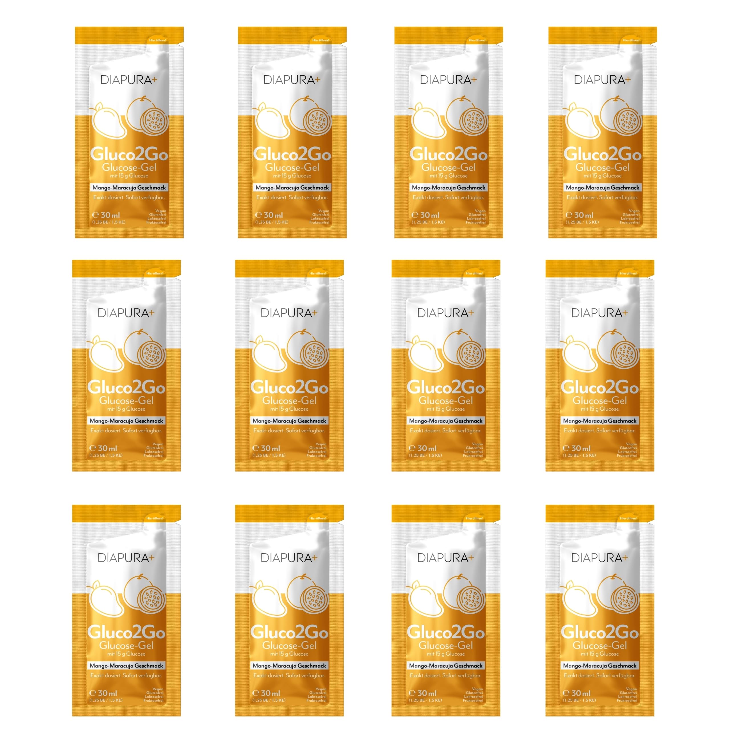 Gluco2Go Gel di glucosio, 15 g di glucosio per porzione, 12 x 30 ml | Glucosio liquido, pronto all'uso, bustine monodose, regola 15-15 per l'ipoglicemia, gusto Mango-Maracuja, Made in Germany