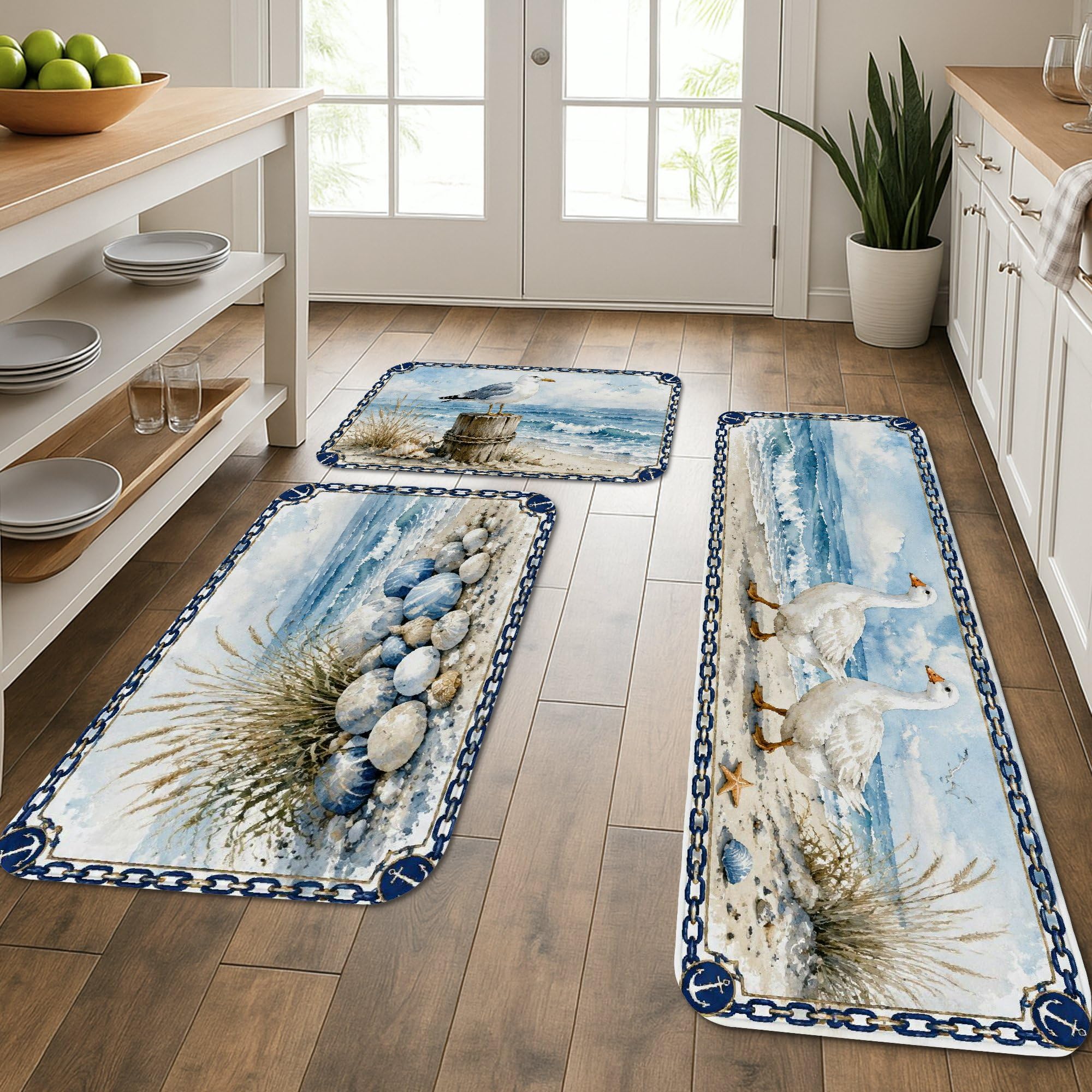 Tapis de cuisine lavable et confortable lot de 3 décoration marine pour sol de cuisine