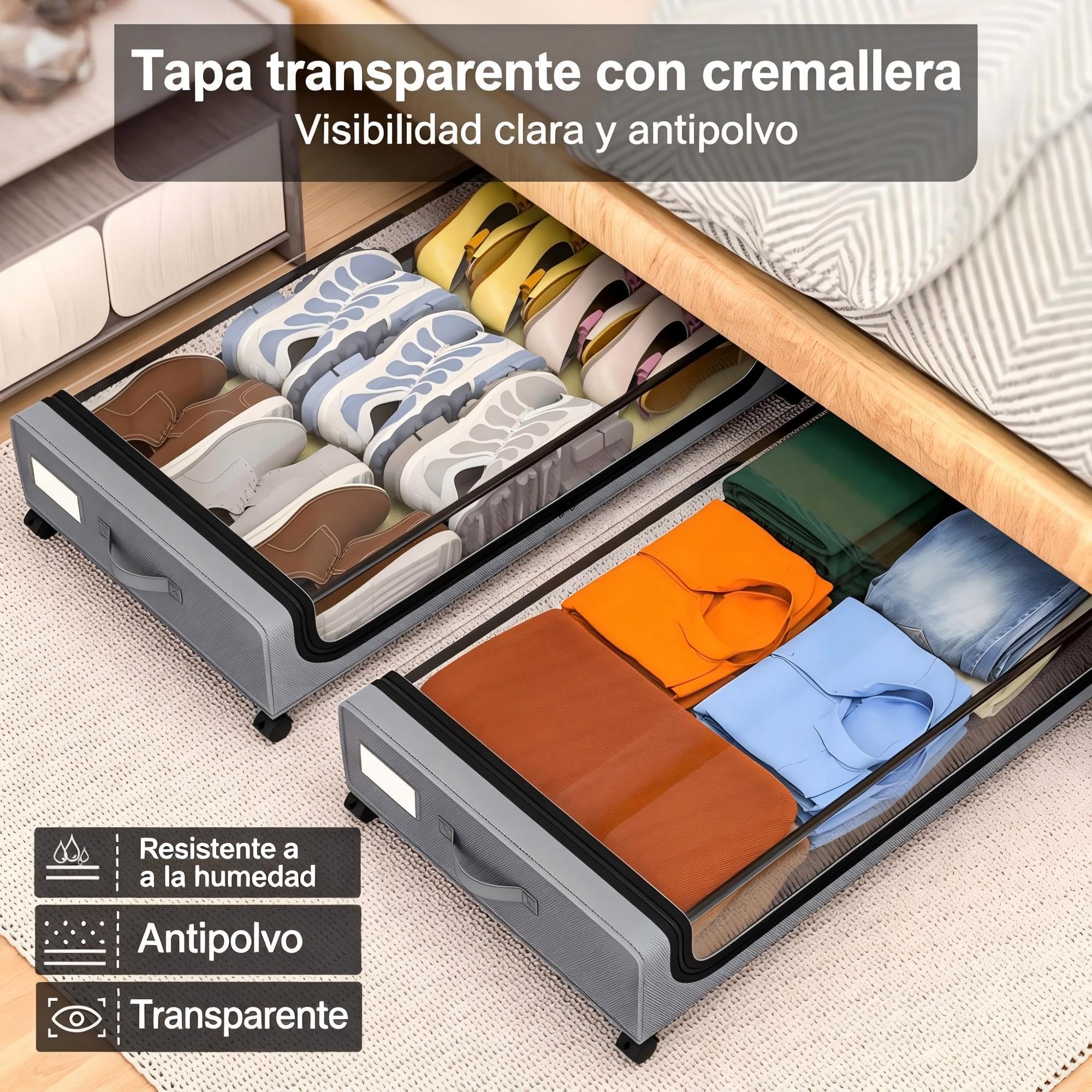 Caja Almacenamiento Plegable 60L con Ruedas Acero Organizador Debajo Cama