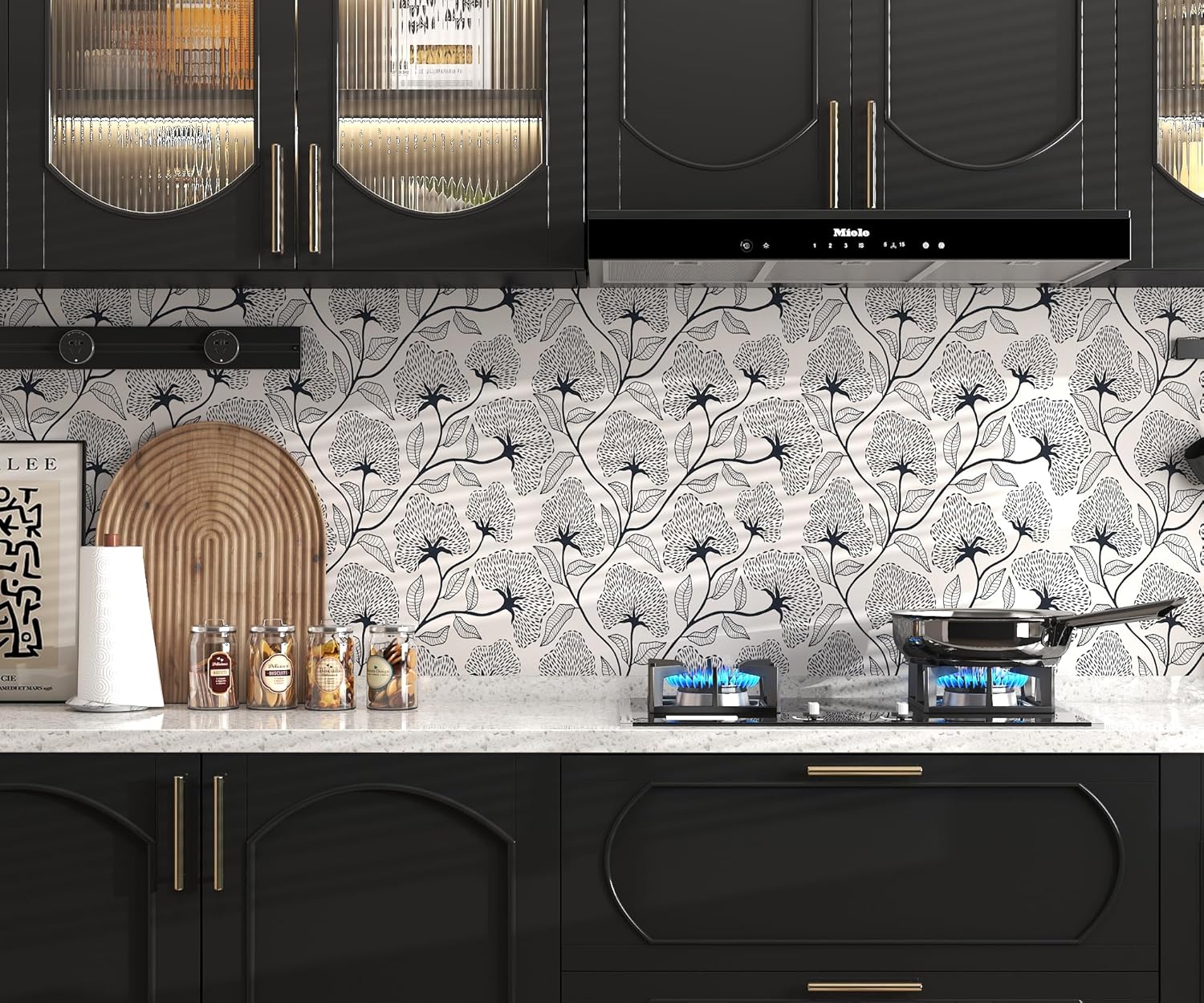 Peel and Stick Wallpaper Boho Contact Paper 17.3”x393” Black and Beige Modern Wallpaper Self Adhesive Removable Floral Wall Paper for Bathroom Art Decoration Wallpapers Bedroom Kitchen Cabinets Vinyl