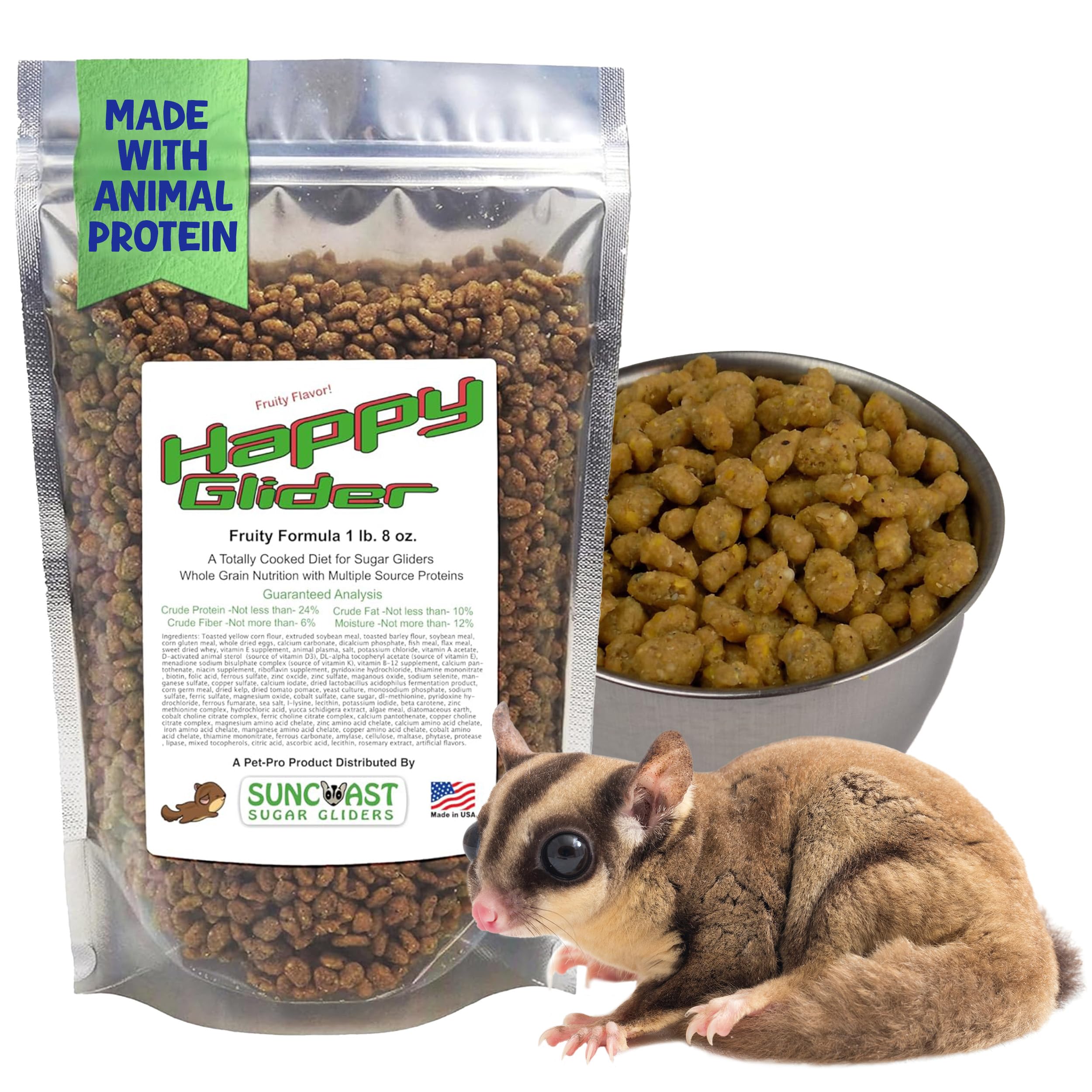 Happy Glider Premium Sugar Glider Food - High Protein, Calcium, Vitamins and Minerals, Complete Nutrition for Small Animals and Exotic Pets, 2 Months Supply - Fruity, 1.5 lbs