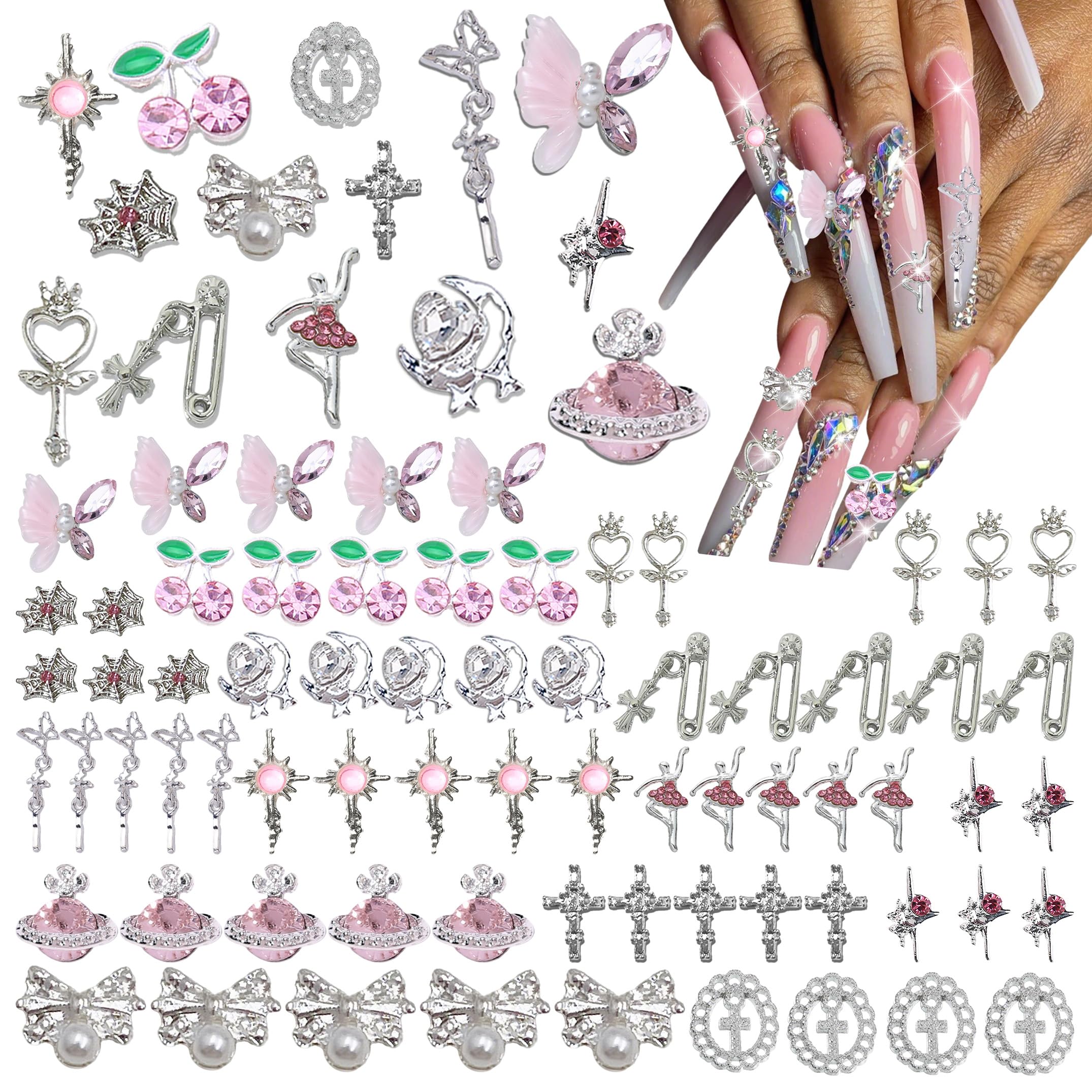 70PCS Silver Nail Charms,Y2K Nail Art Rhinestone Charms 3D Heart Bow Star with Rhinestones,Charms for Nails Design,Accessories Supplies (Silver Pink 1)-image-2