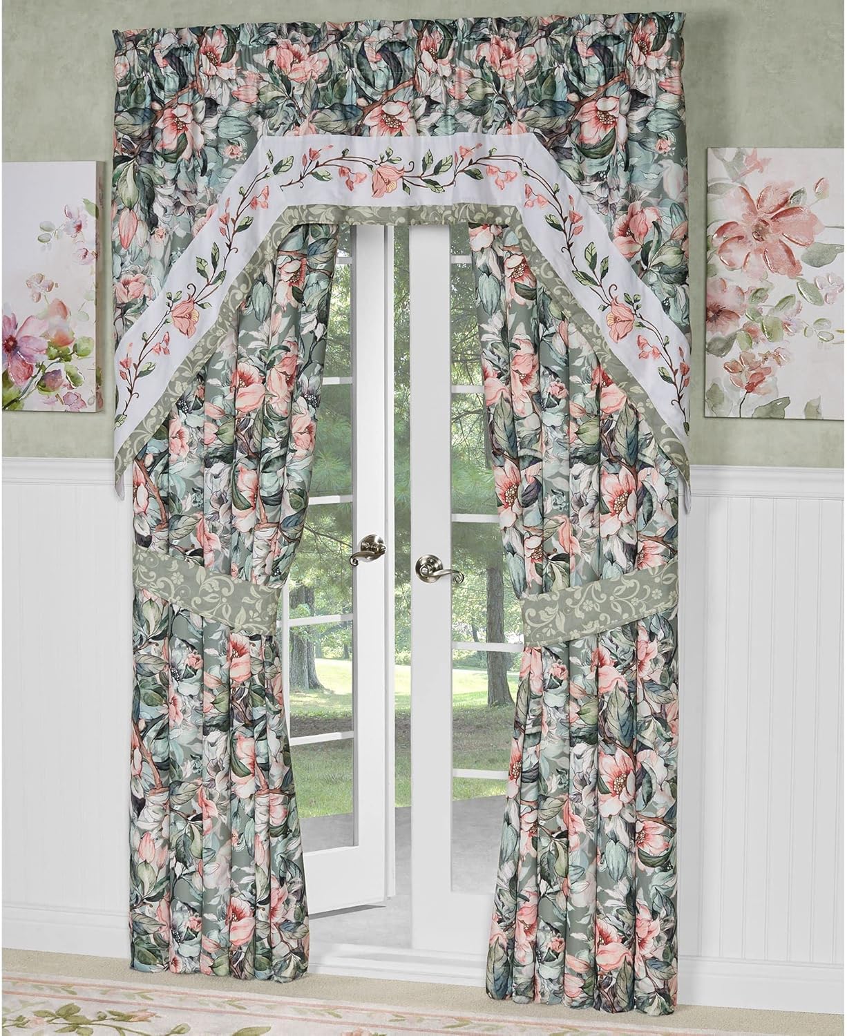 Touch of Class Catalina Window Treatment Embroidered Pieced Lined Seagrass Swag Set Curtain Pair and Swag Valance
