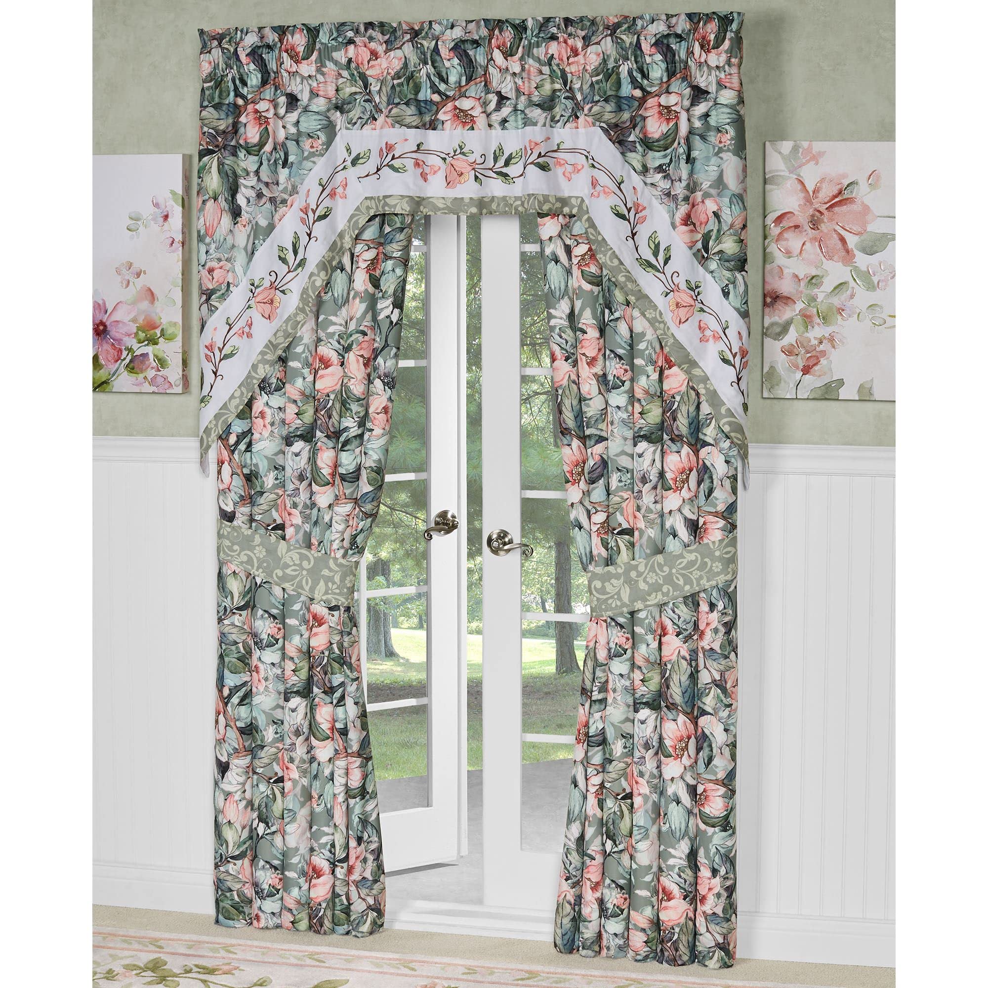 Touch of Class Catalina Window Treatment Embroidered Pieced Lined Seagrass Swag Set Curtain Pair and Swag Valance
