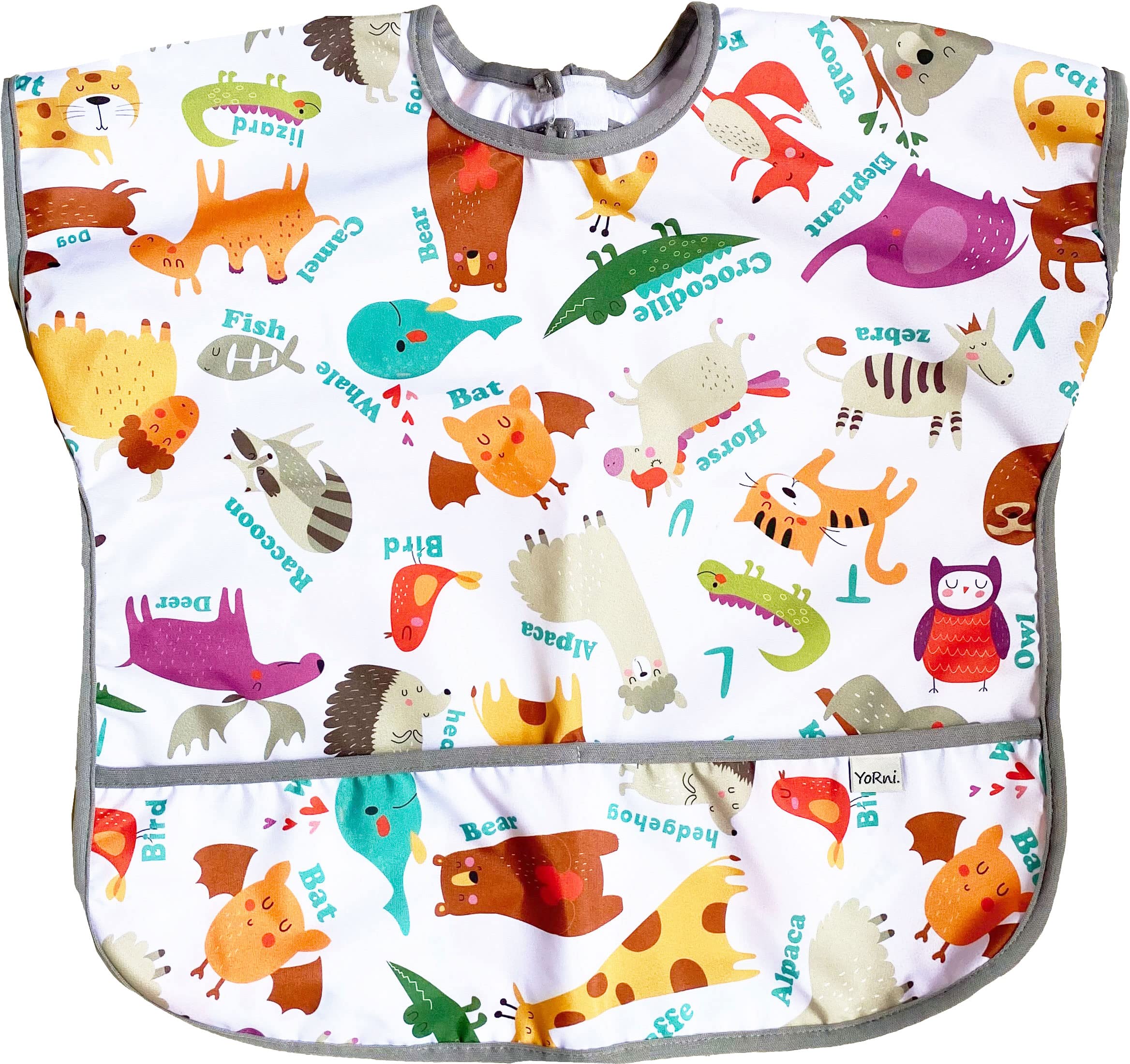 Yorni 1-3 Yaş Su Geçirmez Cırtlı Cepli Unisex Yarım Kollu Bebek Çocuk Mama Önlüğü Zoo