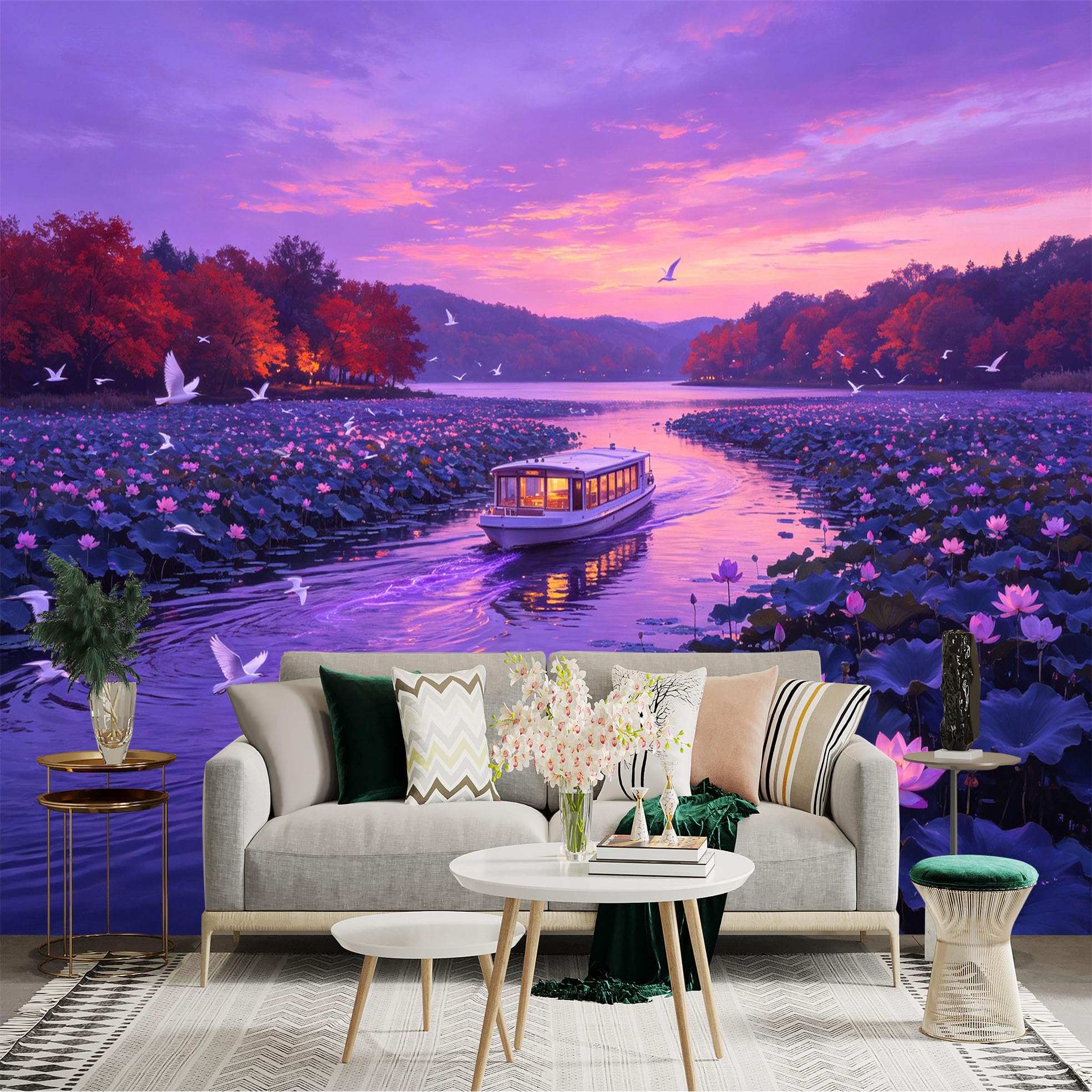 Custom Size Wall Sticker Mural， Sunset Over Lotus Pond， Boat Sailing on Lake， Flying White Birds， for wall Decoration， peelandstick wall Decals.