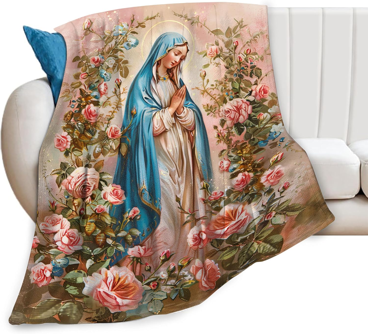 Virgin Mary Blanket Christian Mother of God Rose Decor Throw Blankets Ultra Soft Cozy Fuzzy Plush Fleece Healing Catholic Blanket Gifts for Prayer Girls Women Boys Kids for Bedding Sofa 40"X50"