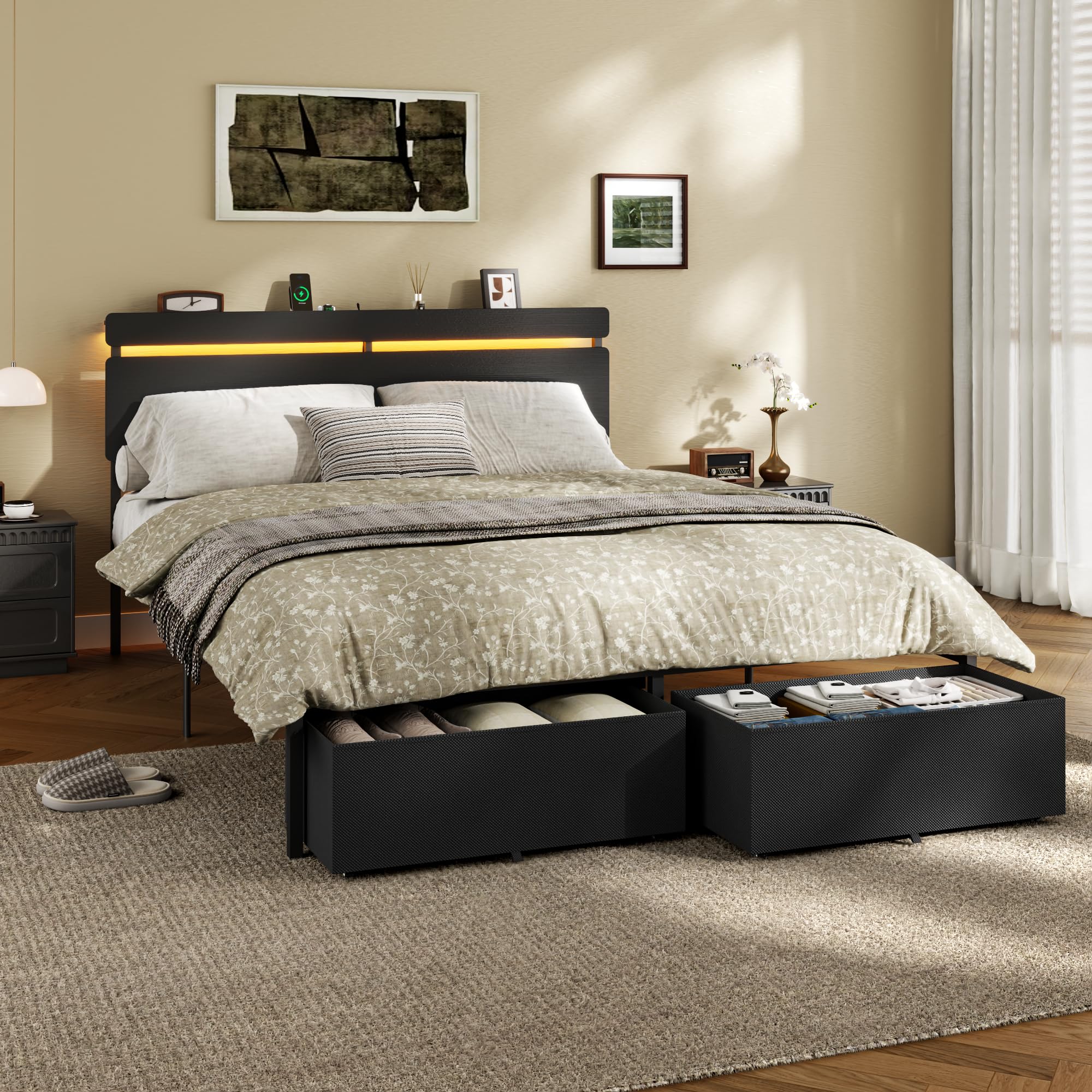 Forestell Queen Bed Frame with Wood Headboard,2 Storage Drawers & Shelf — product photo