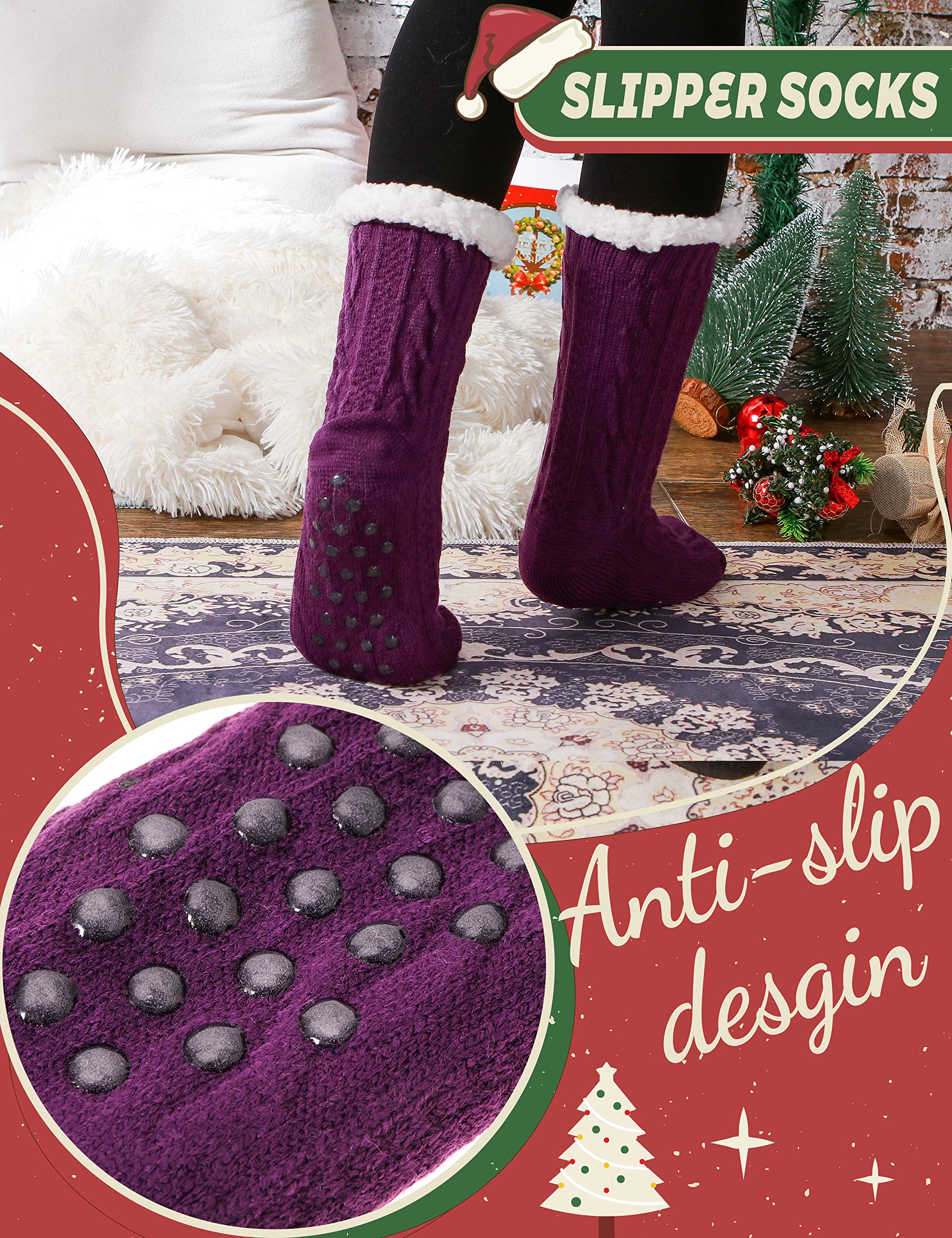 ANTSANG Mujeres Zapatillas Calcetines Peludo Acogedoras Invierno Vellón Suave Caliente Cómodo Grueso Navidad Agarres Inicio Calcetines