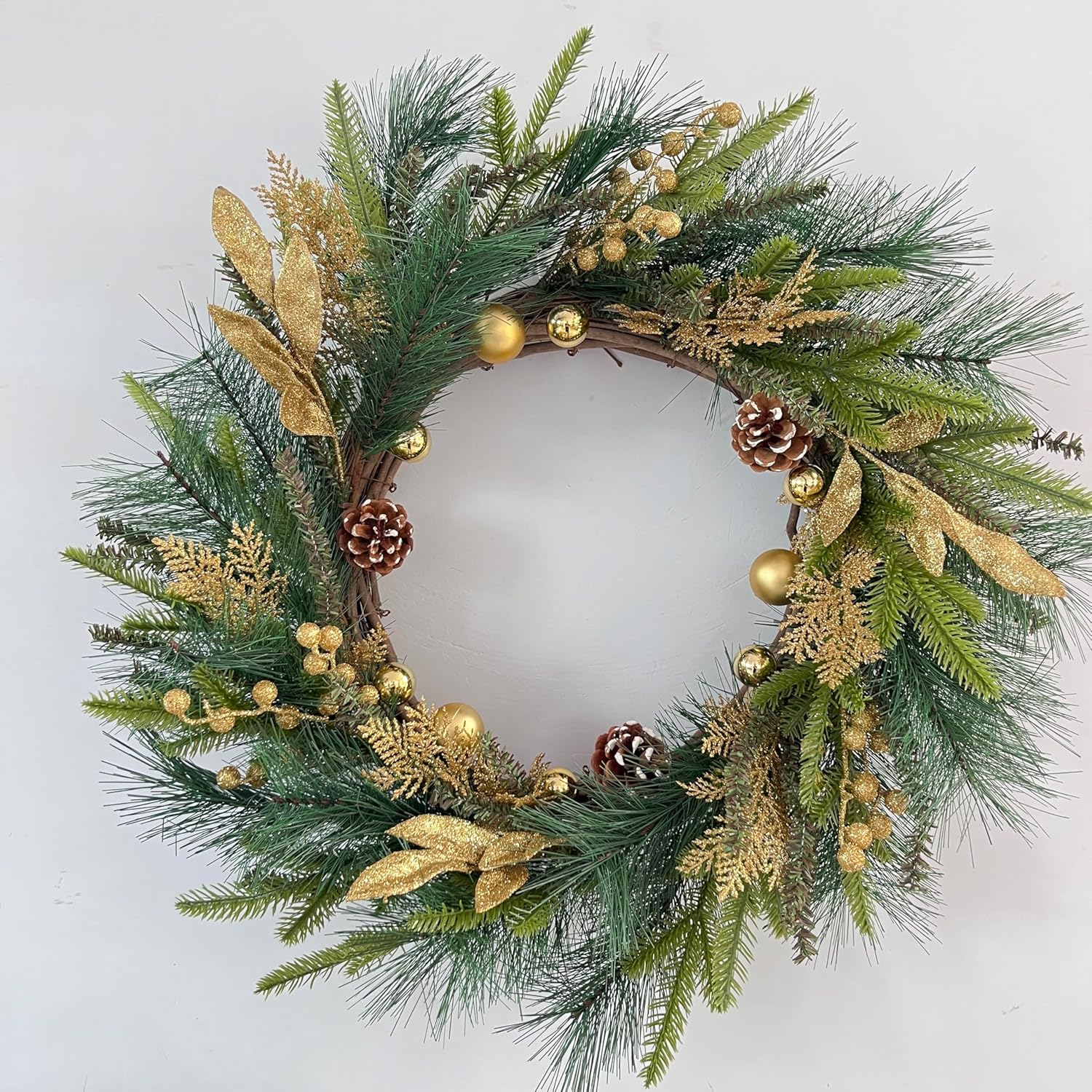 neol'artes 26inch gold wreath for porch front door mantle and fireplace wrapped grapevine with ornaments snow pinecones winter season home decor golden