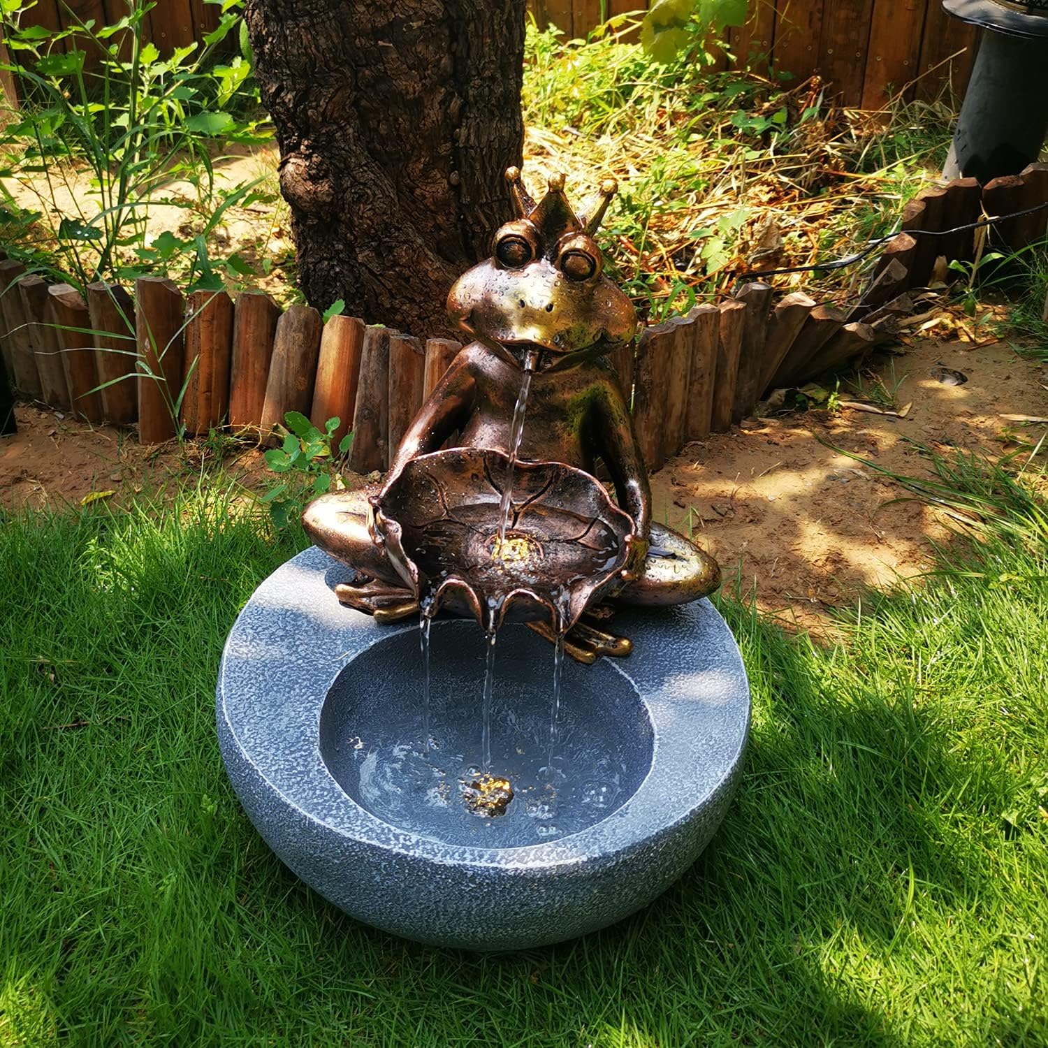 OUTOUR Waterfall Fountain 14.3''Lx14.3''Wx17.5''H 2 Tiers Frog with Crown Animal Statue Garden Decor Outdoor Waterfall Floor Fountain Sculpture LED Lights Bronze : Patio, Lawn & Garden
