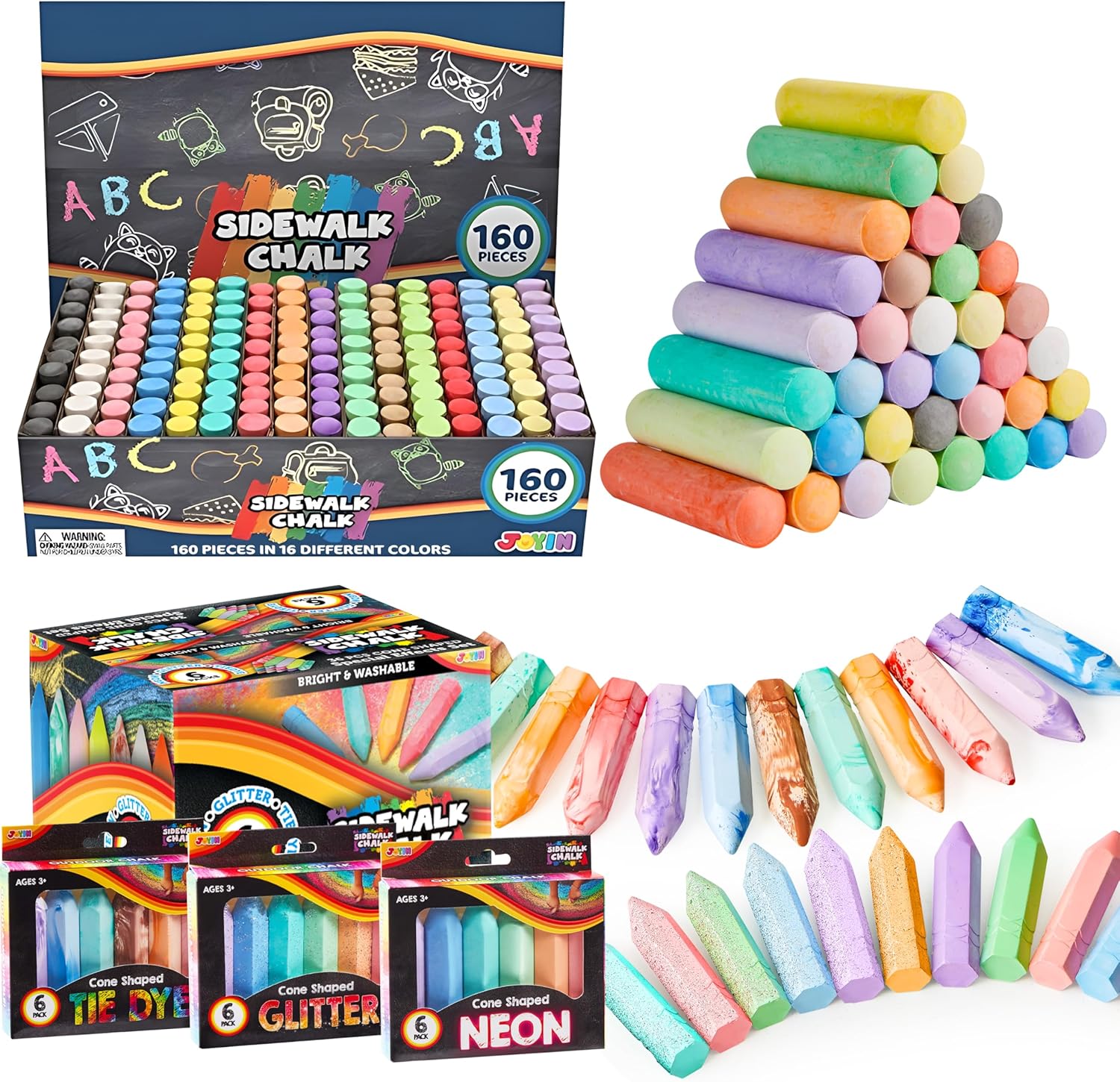 JOYIN 160 PCS and 36 PCS Washable Sidewalk Chalks Set, Chalk for Outdoor Art Play, Painting on Chalkboard, Blackboard and Playground