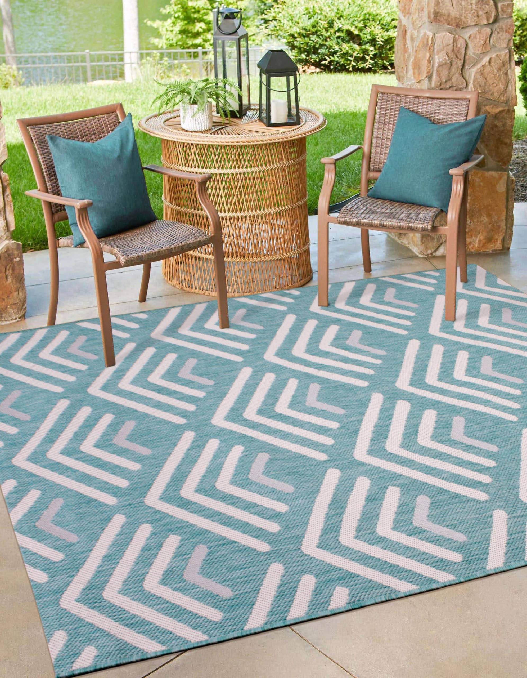 Lord of Rugs Indoor Outdoor Rug Terrace Chevron Pattern Garden Trellis Patio Living Room Kitchen Flatweave Rug Teal 100 x 150 cm (3'4"x4'11")