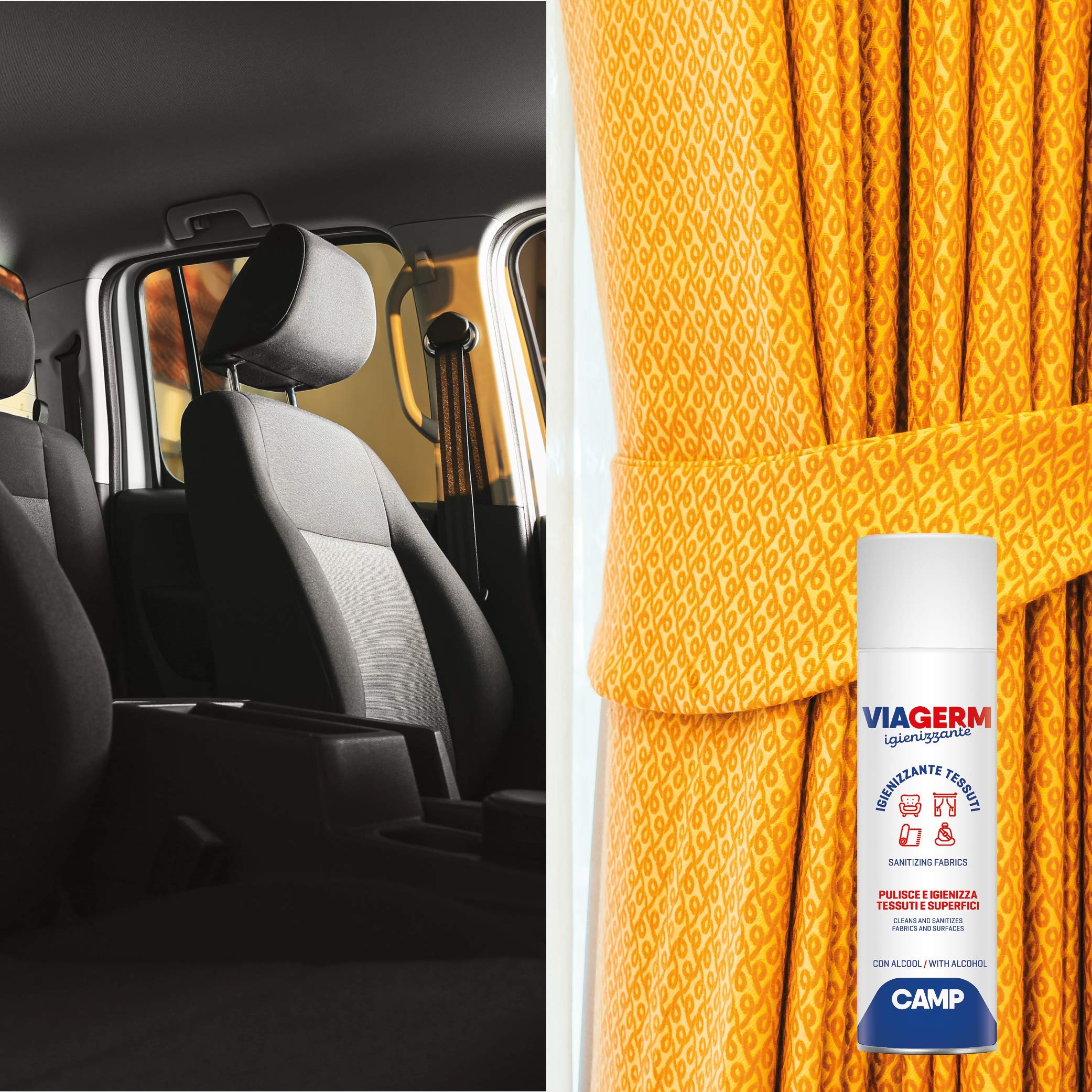 CAMP Viagerm Igienizzante Tessuti - Spray Igienizzante Tessuti Sintetici, Naturali e Superfici, Formula a Base d'Alcool, Rimuove Sporco e Germi ed Evapora Velocemente Senza Lasciare Residui, 500ml