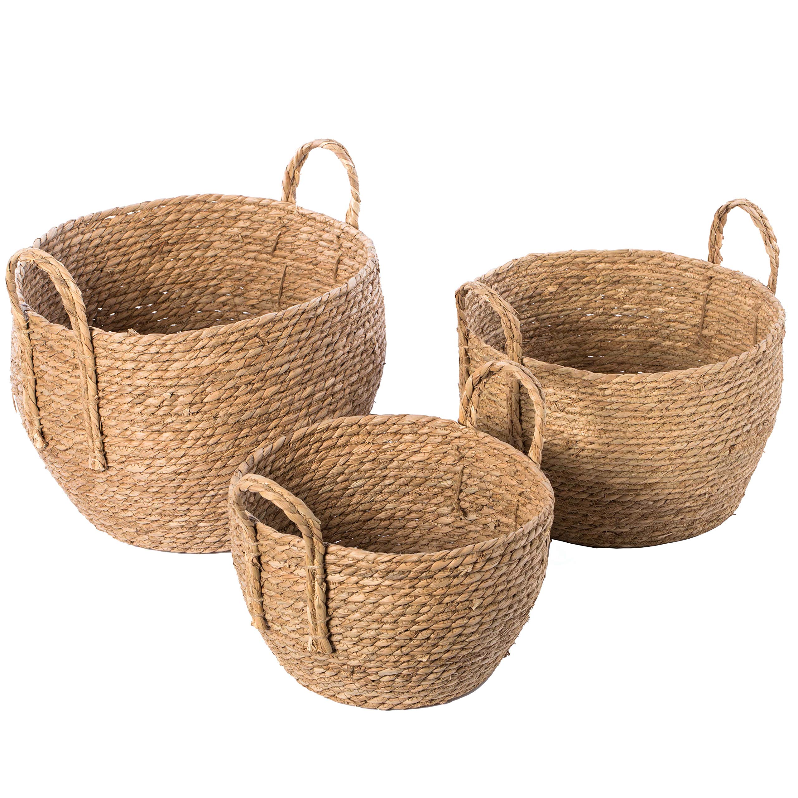 Vintiquewise Set di 3 cestini decorativi rotondi in vimini intrecciato con manici intrecciati