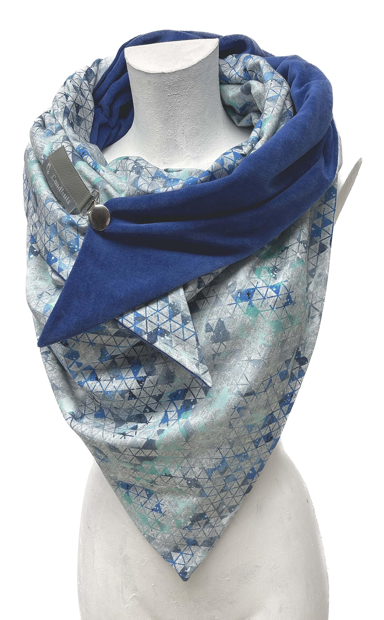 handmade - XXL Dreieckstuch in Blau & Grau – doppellagig mit Nicki | weiches Halstuch für Herbst, Winter & Übergangszeit