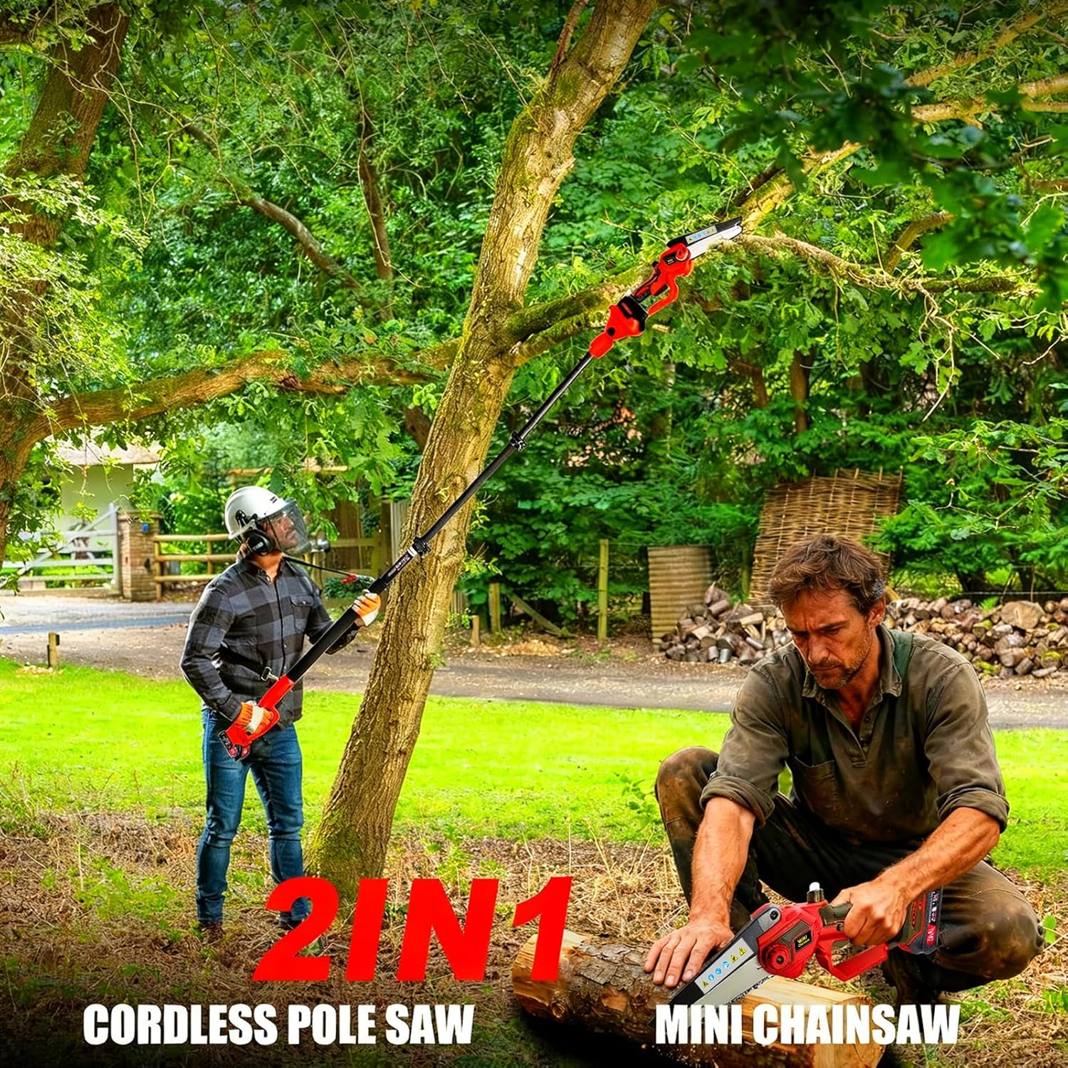 2-in-1 Electric Pole Saws & 6 Inch Cordless Mini Chainsaw for Tree Trimming with Extension Pole & 2Pcs Battery Powered, 16 Feet Electric Pole Chainsaw, Tree Trimmer Limb Branch Cutter Pruner-Red
