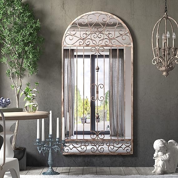 Outdoor Mirrors for Garden Wall Decor 49"x24" Arched Metal Mirror Retro Window Design for Entryway, Living Room & Patio Decorative - Shatterproof Glass & Accurate Colors