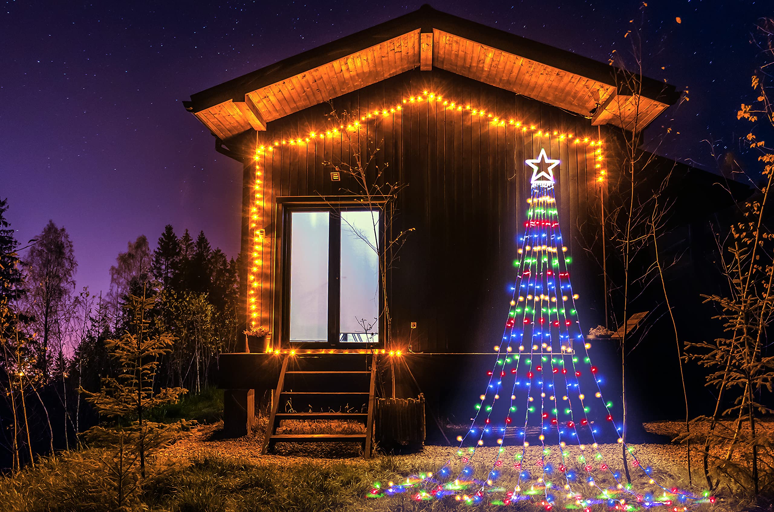 MUYUN Waterfall Christmas String Lights with 317 LED Star Hanging Twinkle Fairy Curtain Lights for Party Wedding Patio Indoor Outdoor Decorative Water Flow Lights