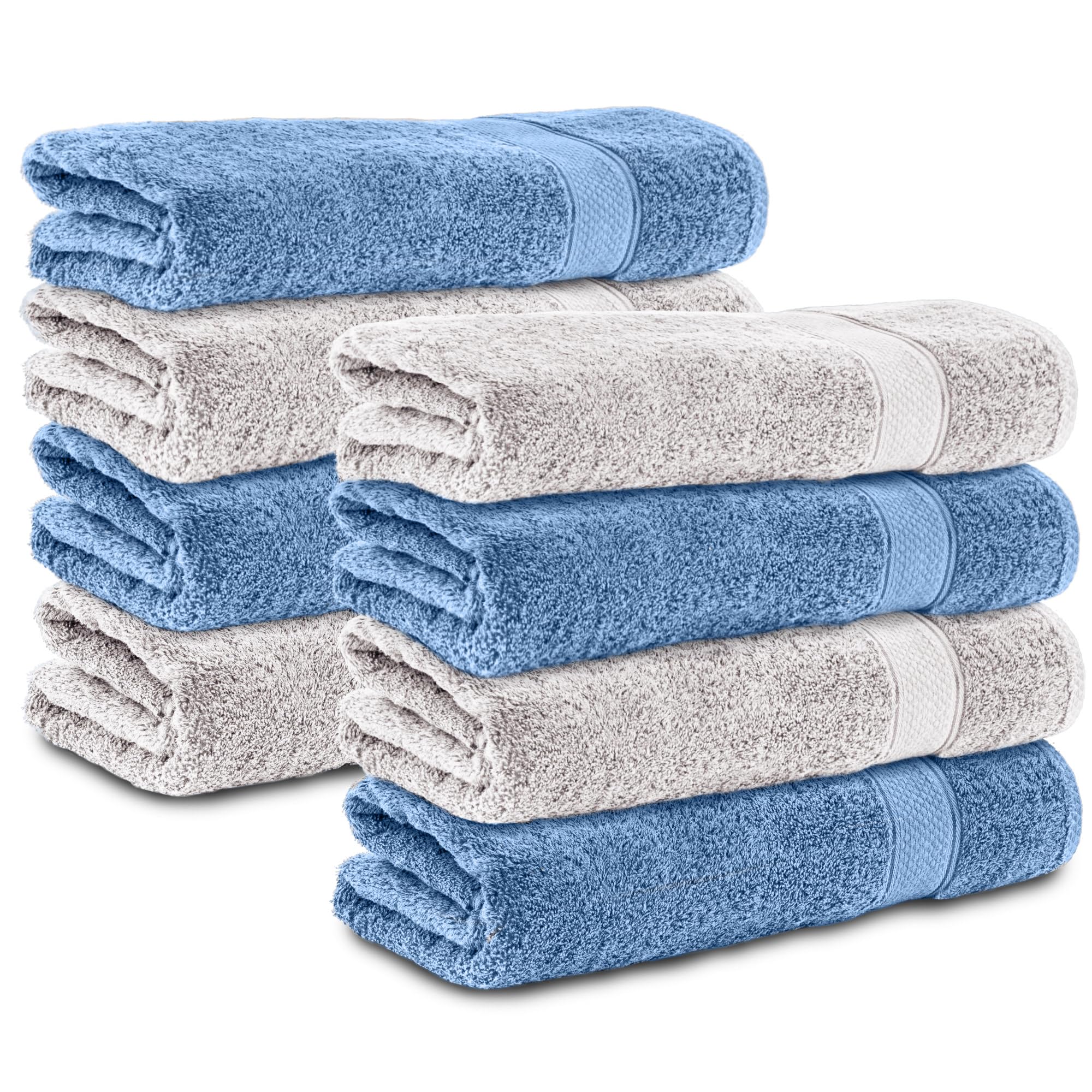 Komfortec Set di 8 asciugamani da 50 x 100 cm, in 100% cotone, 470 g/m², spugna, morbido, argento/azzurro