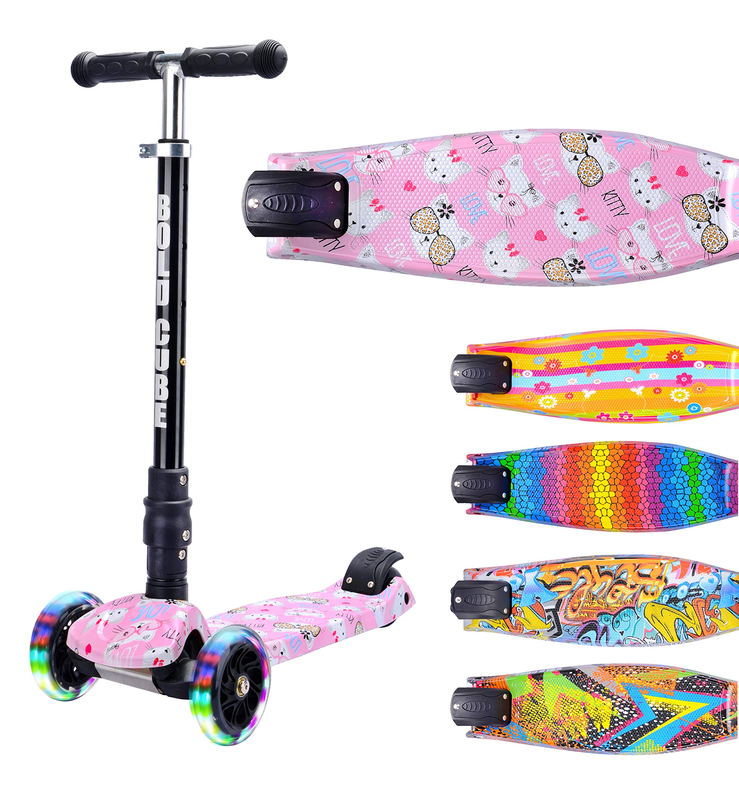 BOLDCUBE Big Fold | 3 Wheel Scooter for Kids Ages 5-10 Years | LED Wheels | Rear Reflectors | Height Adjustable 65 to 89 cm