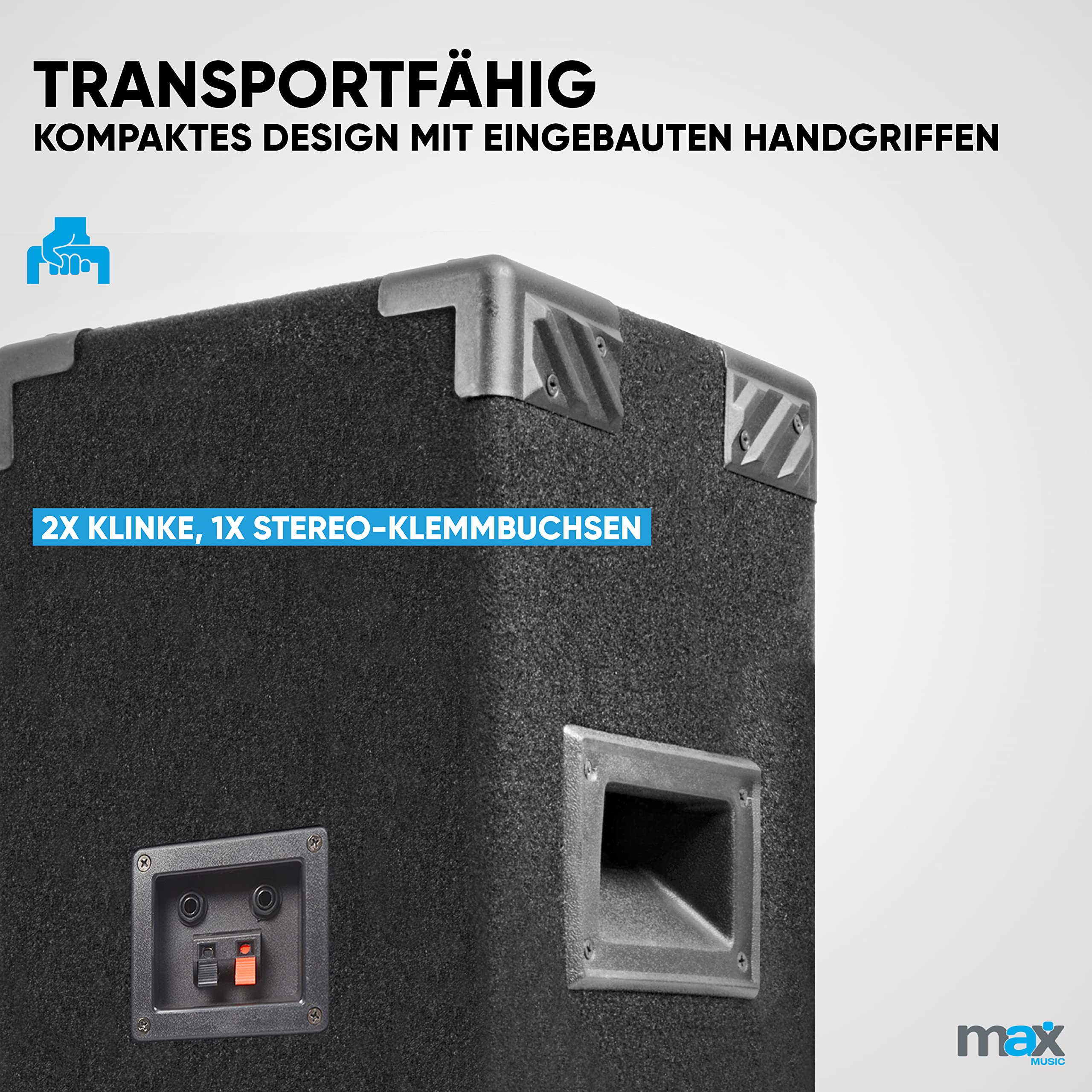 MAX26 PA Lautsprecher passiv, DJ Lautprecher, DJ Boxen Set mit Griffe, 1200 Watt Peak, 2 x 6 Zoll Doppel-Tieftöner, PA Boxen für Musikanlage - Schwarz