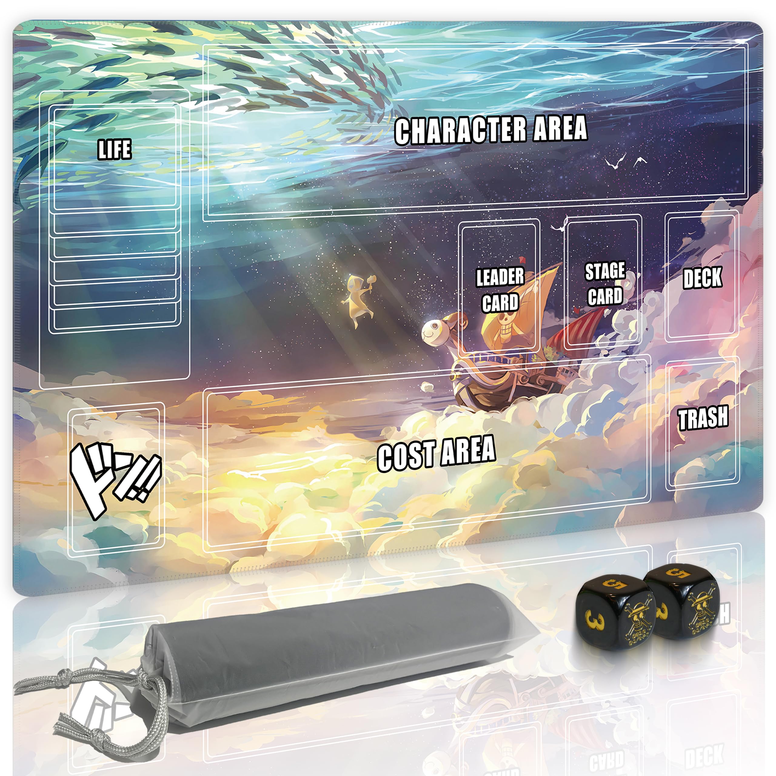for one Piece TCG playmat Set - 14x24 inches Gaming mat with 2 Skull dice and Storage Bag for one Piece Card Game Adventures (Undersea Vessel)