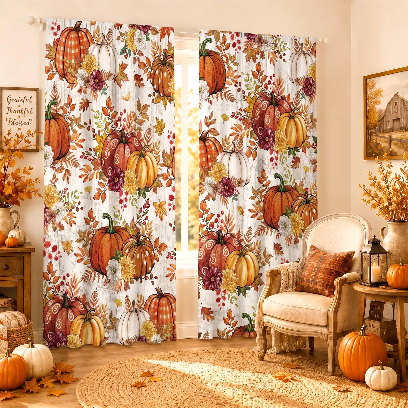 SmoothNovelty 2 Pcs Fall Curtains for Living Room Pumpkin Maple Leaf Flower