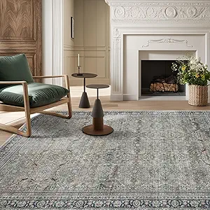 Washable Rugs 8x10 Area Rugs for Living Room,Rugs for Bedroom,Large Carpets,Ultra Soft Faux Wool Retro Dining Room Rug,Non Slip&Non-Shedding Low Pile Vintage Print Rug for Home Office,Green