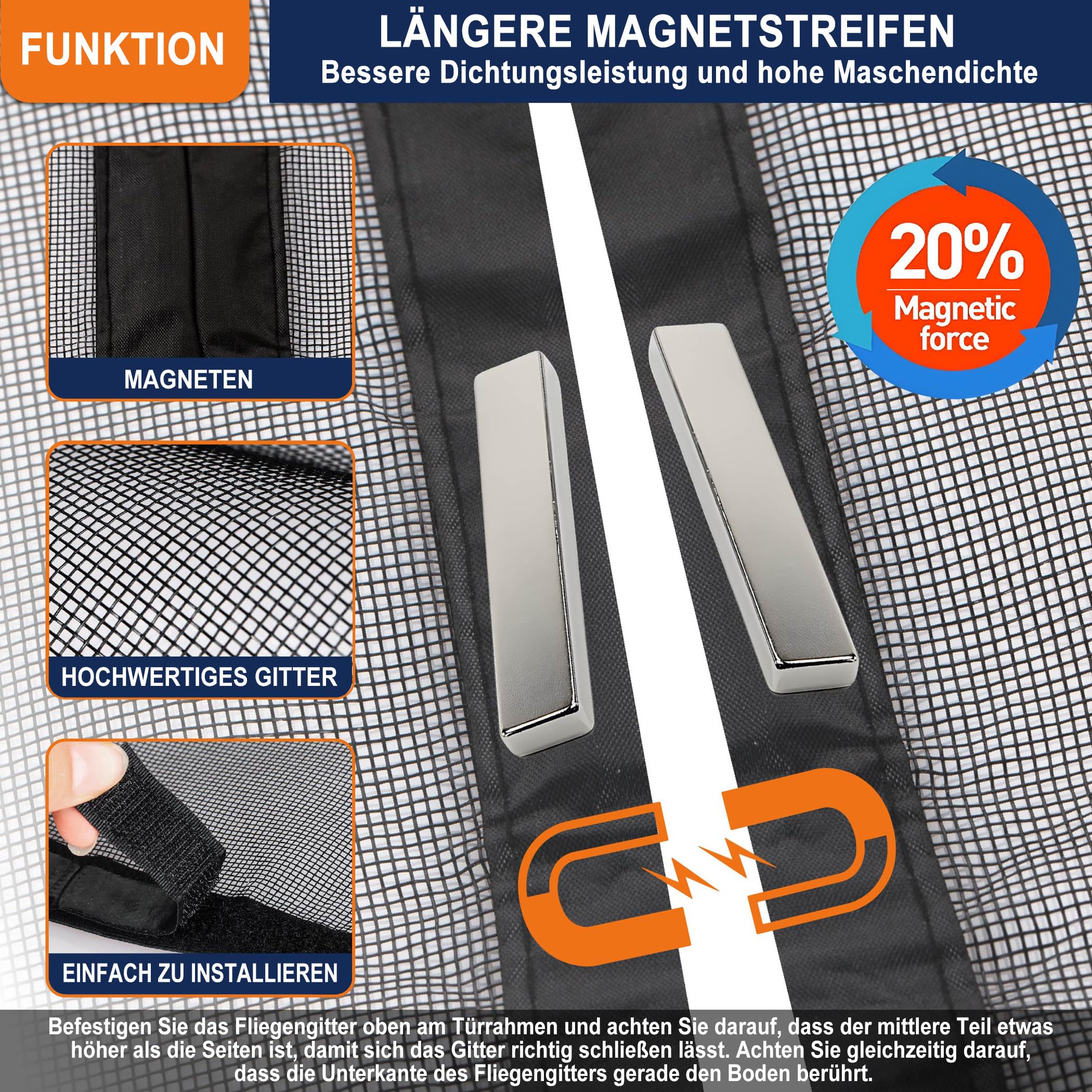 DIKER Mosquitera Puerta Magnetica 100x210cm, Cortina Mosquitera Puerta Exterior Corredera, Mosquiteras para Ventanas para Puertas de Balcón, Fibra de Vidrio para Mayor Durabilidad, Negro