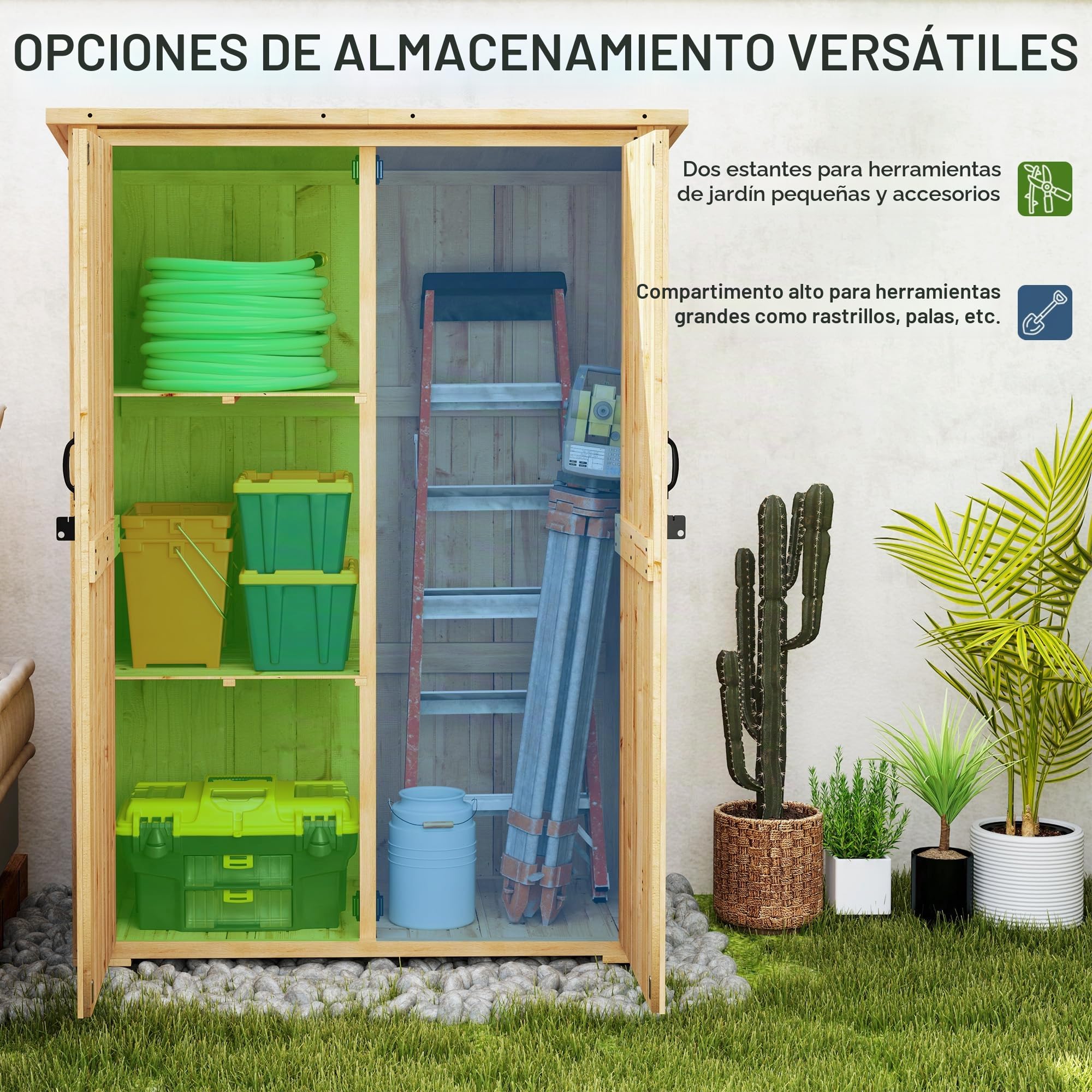 Outsunny Cobertizo jardín madera con armario y techo asfalto Natural | 2 estantes, para equipo de jardín, cobertizo de herramientas exterior, puertas dobles