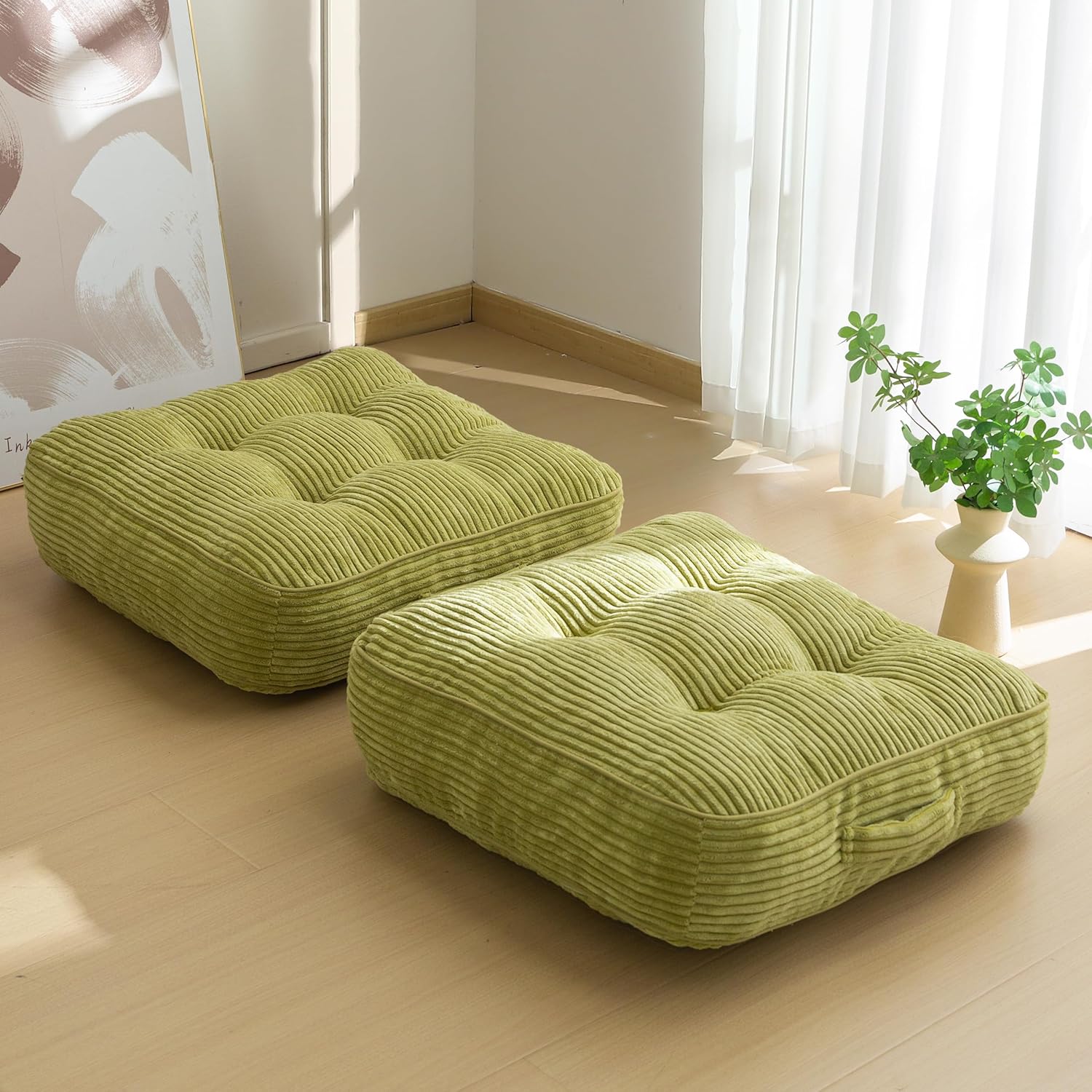 6" Washable Floor Pillow Cushion for Adults, Meditation Cushion Pillow, Large Square Floor Sitting, Removable Tufted Corduroy Cover, for Tatami Living Room or Yoga, 22x22 Inch, 2Pack, Machine Washable Green 22x22x6Inch(Pack of 2)