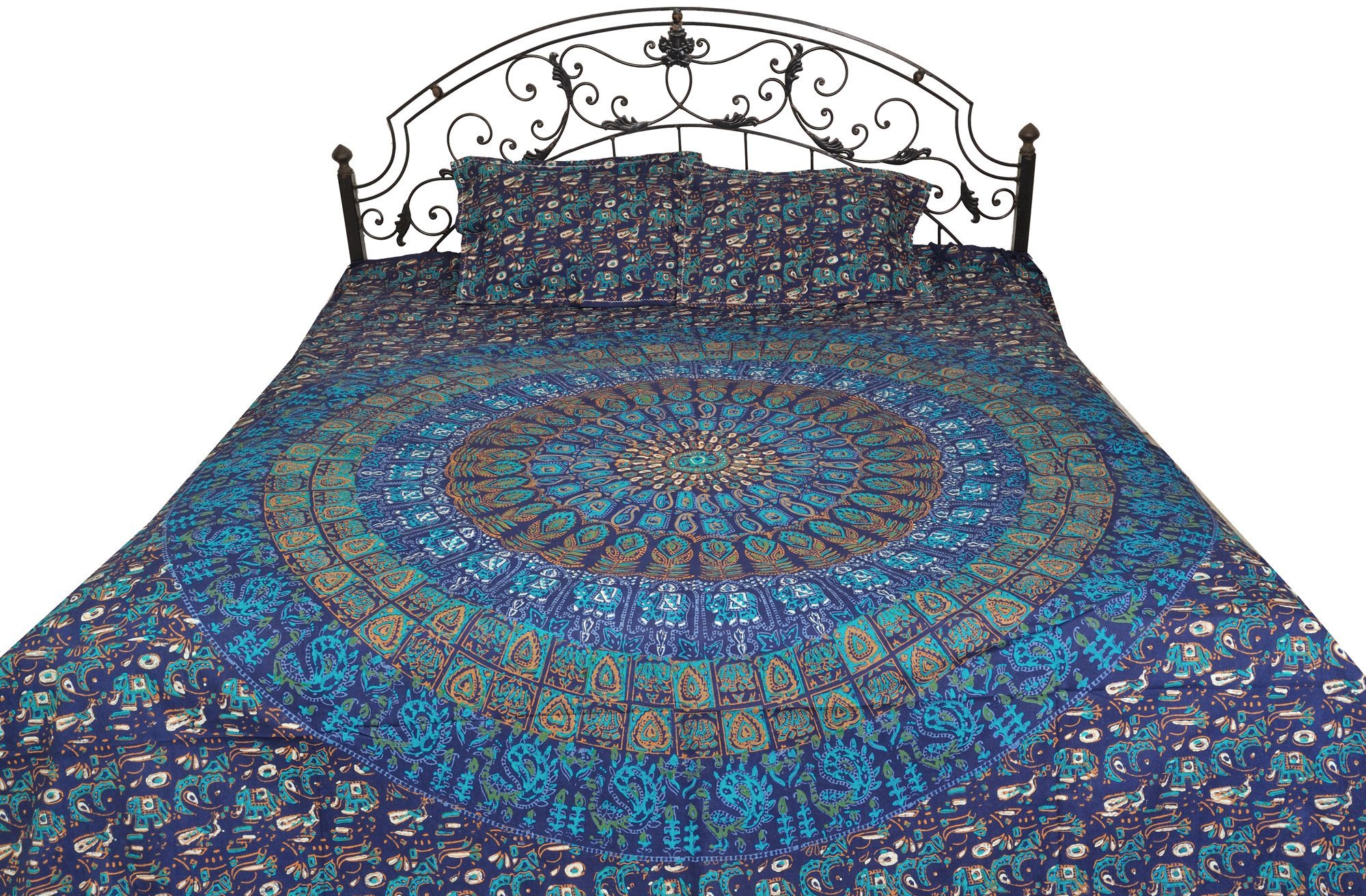 Drap plat pur coton Pilkhuwa mandala géant linge de lit ethnique avec taies d'oreiller