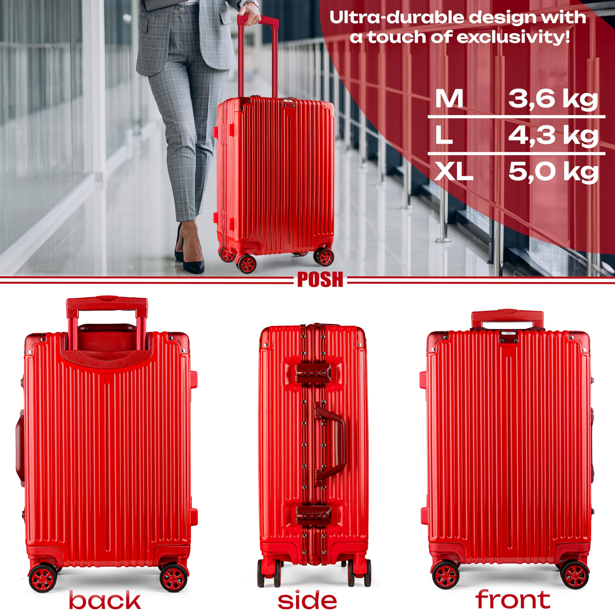 POSH Handgepäck Koffer M - Robuster Business Reisekoffer 38L - Hartschale 58x40x23 cm Polycarbonat Trolley mit Aluminium Rahmen & 2 TSA-Schlössern - Leise 360° Rollen - Inklusive Kofferschutzhülle