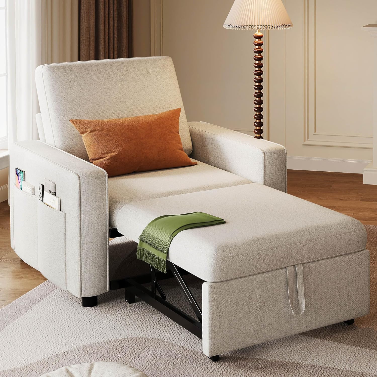 YITAHOME Convertible Sofa Chair Bed, 3-in-1 Linen Fabric Sleeper with Pull-Out Bed, Reclining Backrest & Wide Armrest, Beige