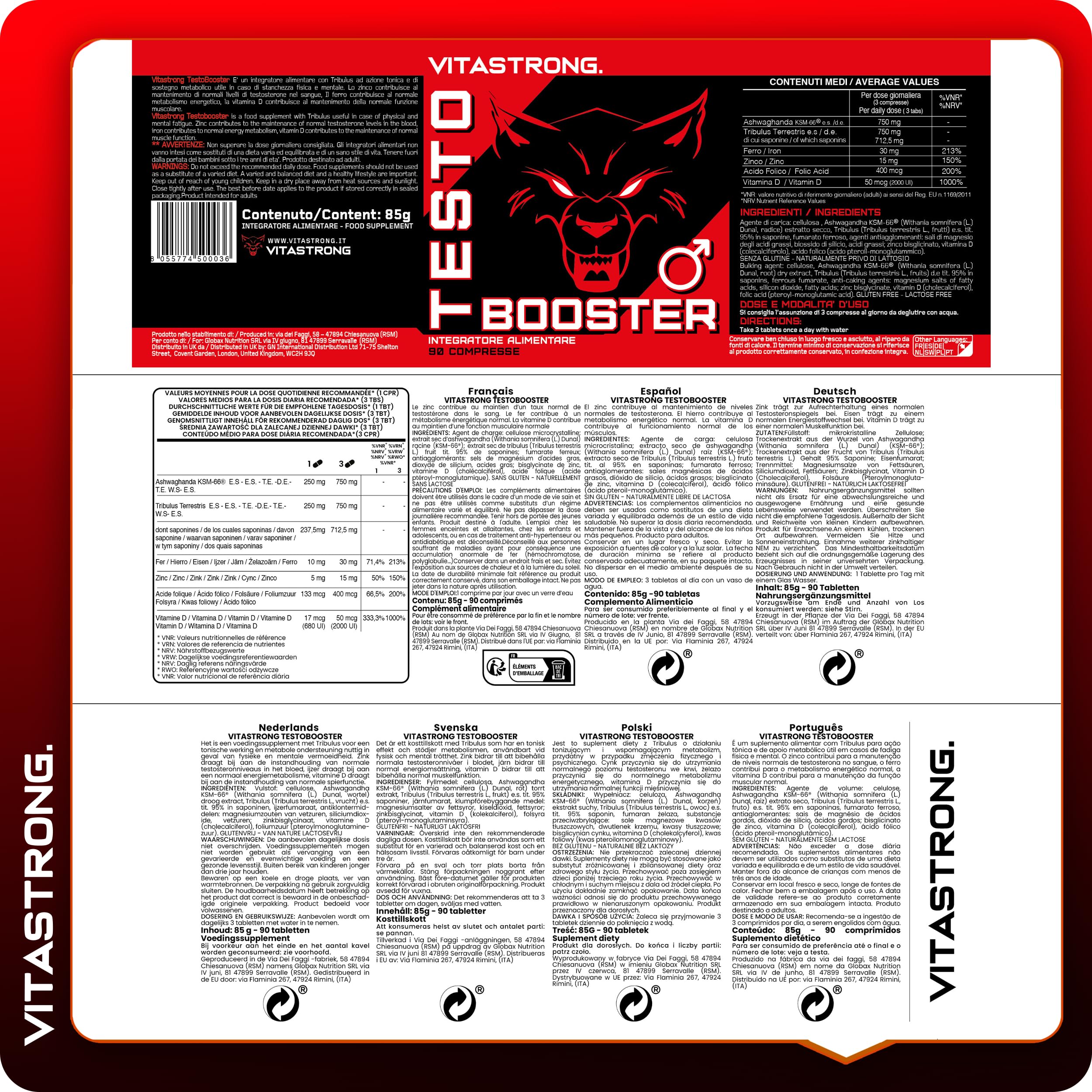 Vitastrong - Booster de testostérone, 100% naturel et sûr Comprimé, fabriqué en Italie, haute qualité, pour augmentation extrême des niveaux de testostérone et de la masse musculaire