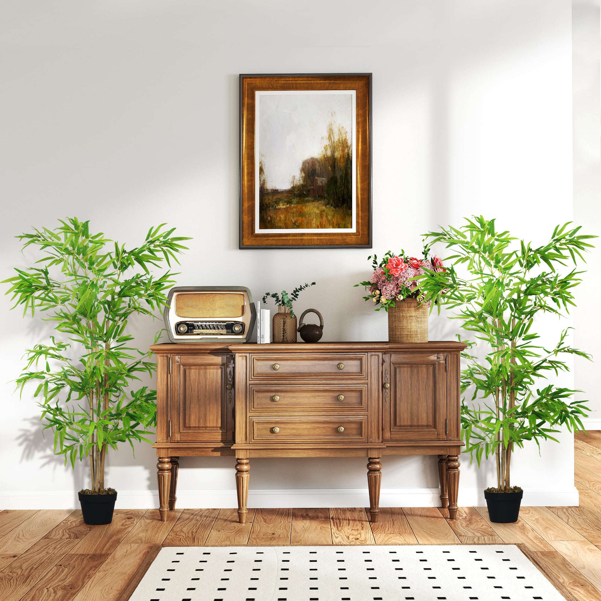 Outsunny Lot de 2 bambous artificiels Hauteur 1,5 m 644 Feuilles denses réalistes Pot Inclus Noir avec Lichen Vert