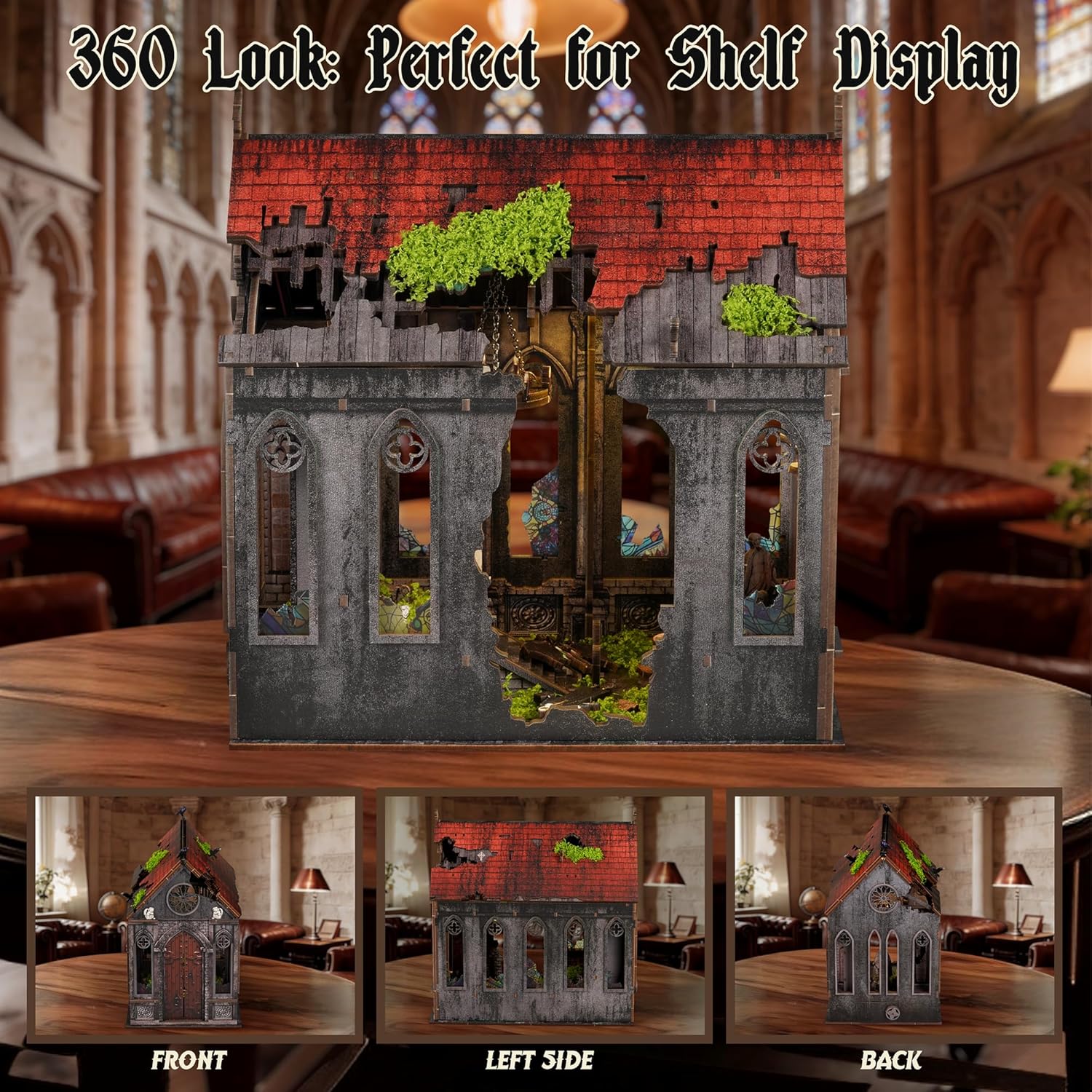 Lost Cathedral Miniature Kit - DIY Miniature House Kit for Adults, Teens, Dollhouse Booknook Bookshelf Insert Decor with LED Light, 3D Wooden Puzzle Gifts for Family, Friends