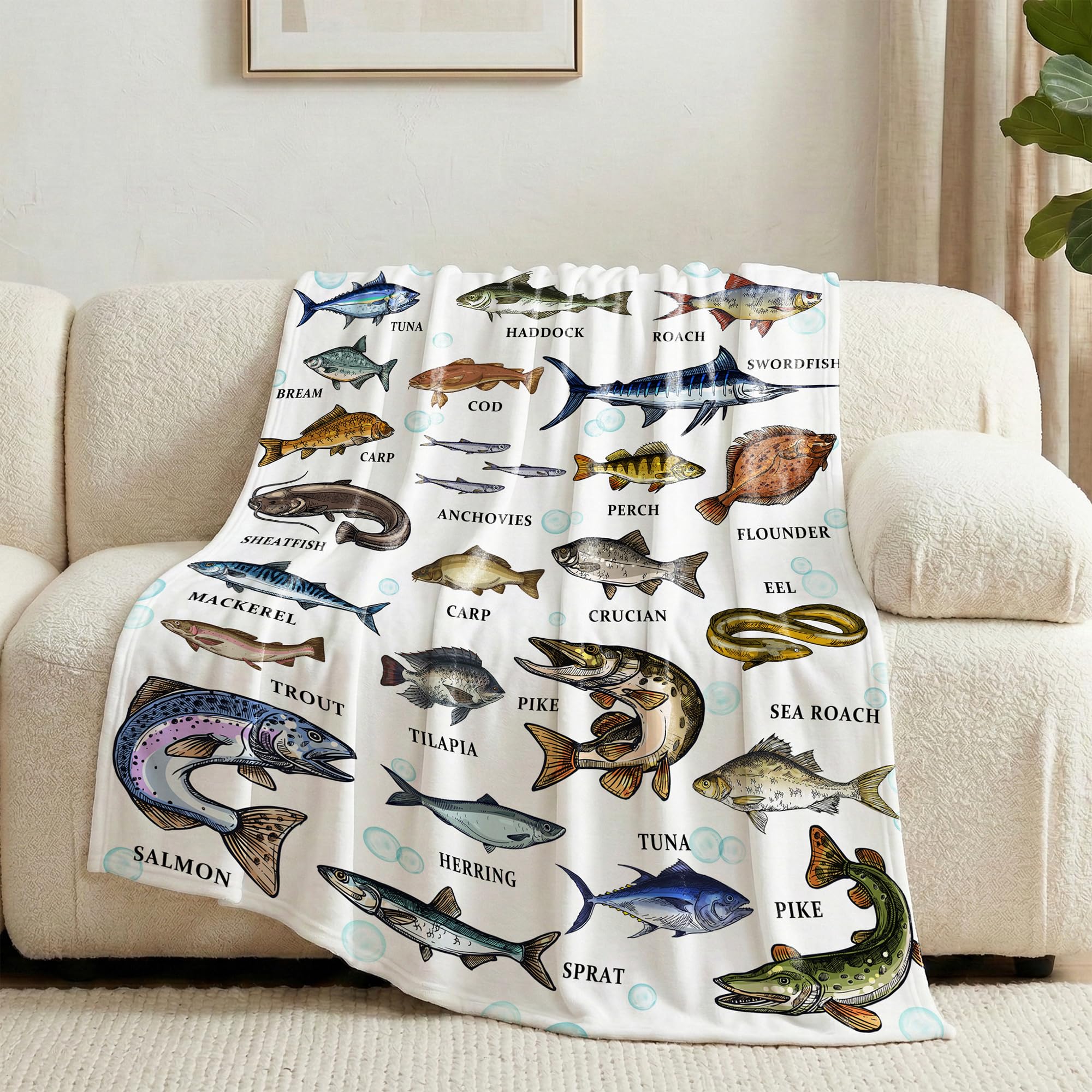 Types of Fish Flannel Fleece Throw Blanket, Ultra Soft Fluffy Fuzzy Blanket for Living Room Bedroom, Fishing Gifts for Dad Grandpa M 60"x50" for Teens