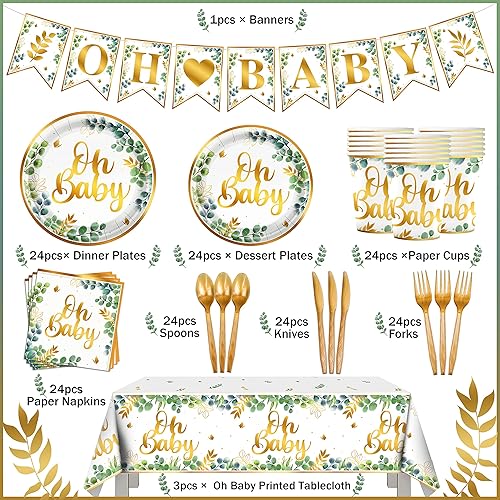 Miniatura 2 de Suministros de fiesta de baby shower verde salvia (reserva 24) juego de vajilla desechable bohemio Greency - plato de papel, servilleta, mantel,