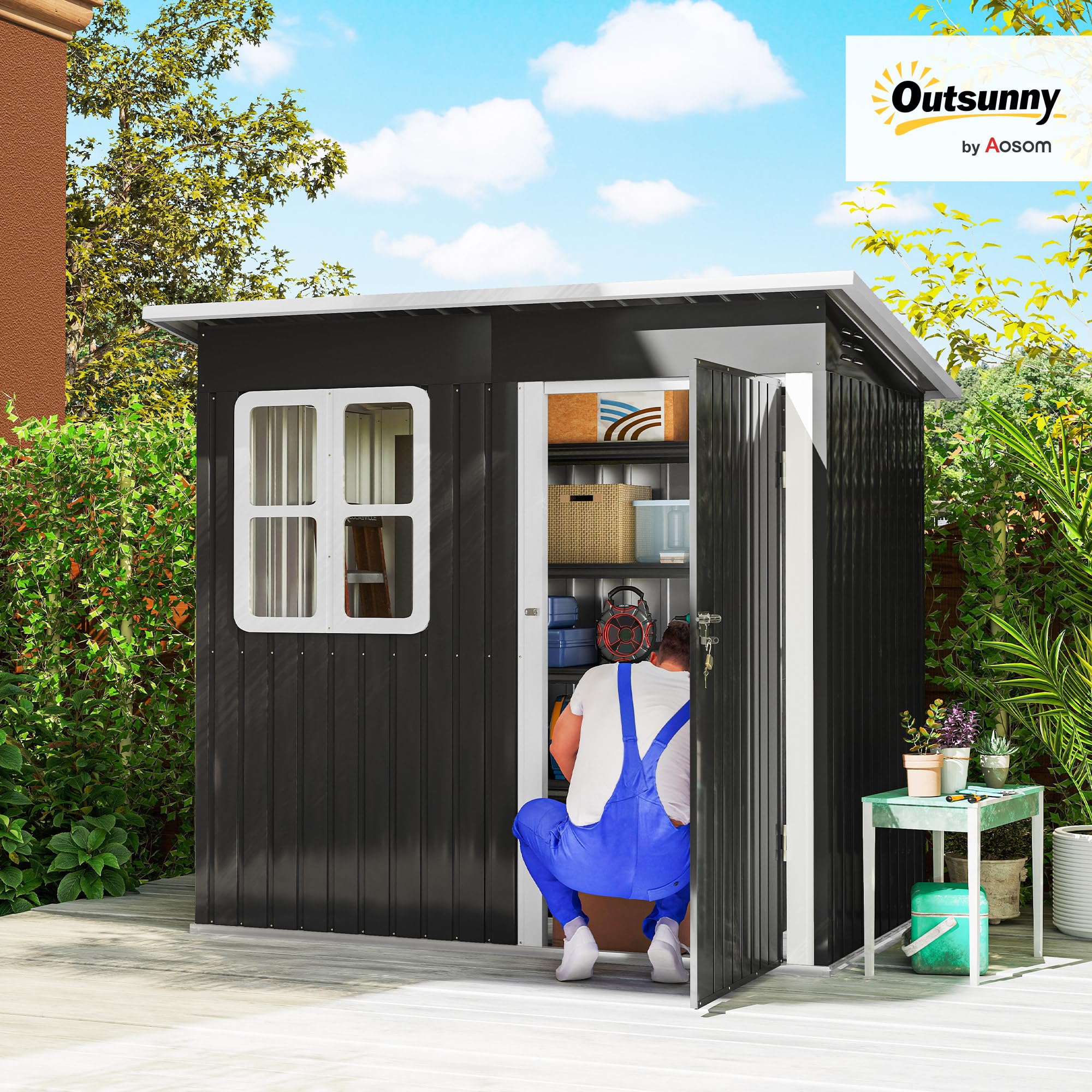Outsunny Caseta de Jardín Exterior 2,55 m² 221x133x190 cm Gris Oscuro | Cobertizo de Jardín Metálico, Ventana, Puerta con Cerradura y Ventilaciones, para Almacenamiento de Herramientas