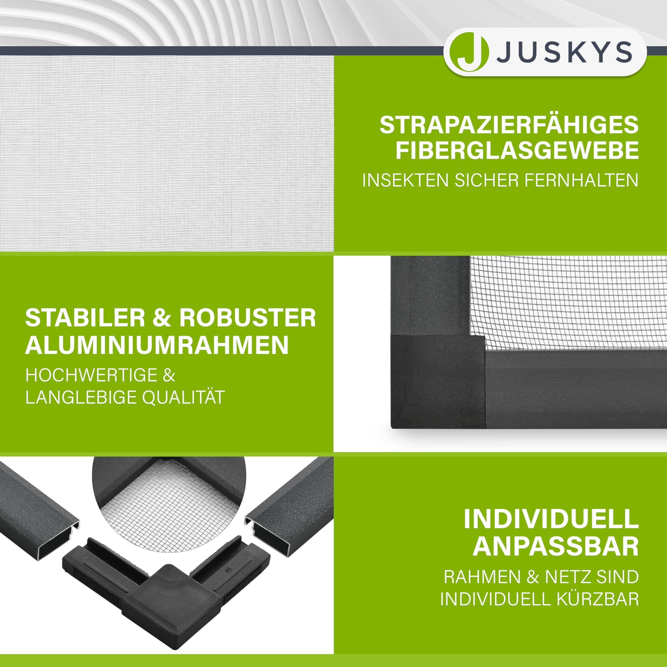 Juskys Vliegengaas, met aluminium frame, 110 x 130 cm, insectenbescherming en muggenbescherming voor ramen om op te hangen, vliegengaas, uv-bestendig, wit