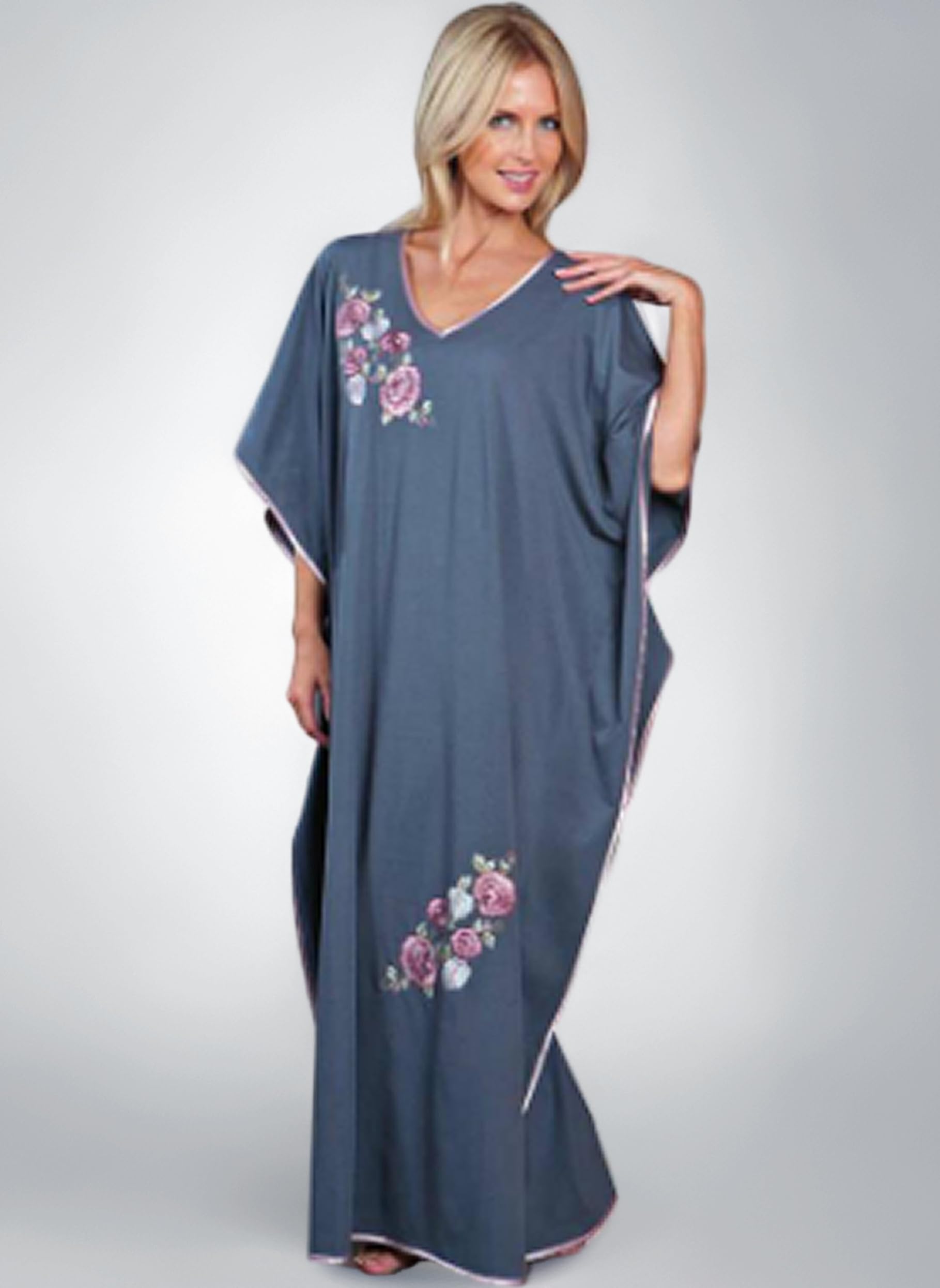 Ladies Freesize Kaftan Embroidered Long Length One Size Floral Pattern Grey Style: - 9984