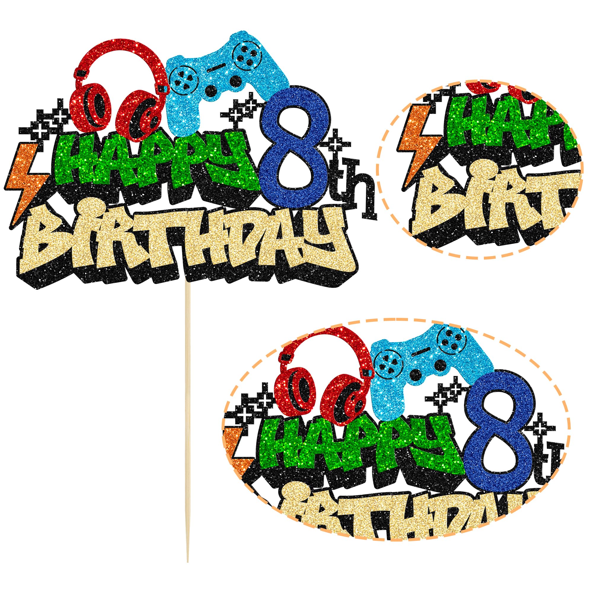 Gyufise 1Pcs Video Game Happy 8th Birthday Cake Topper Glitter Video Game Cake Pick Game On Controllers Tenth Cheers to 8 Years Cake Decoration for Boys 8th Birthday Party Supplies 2