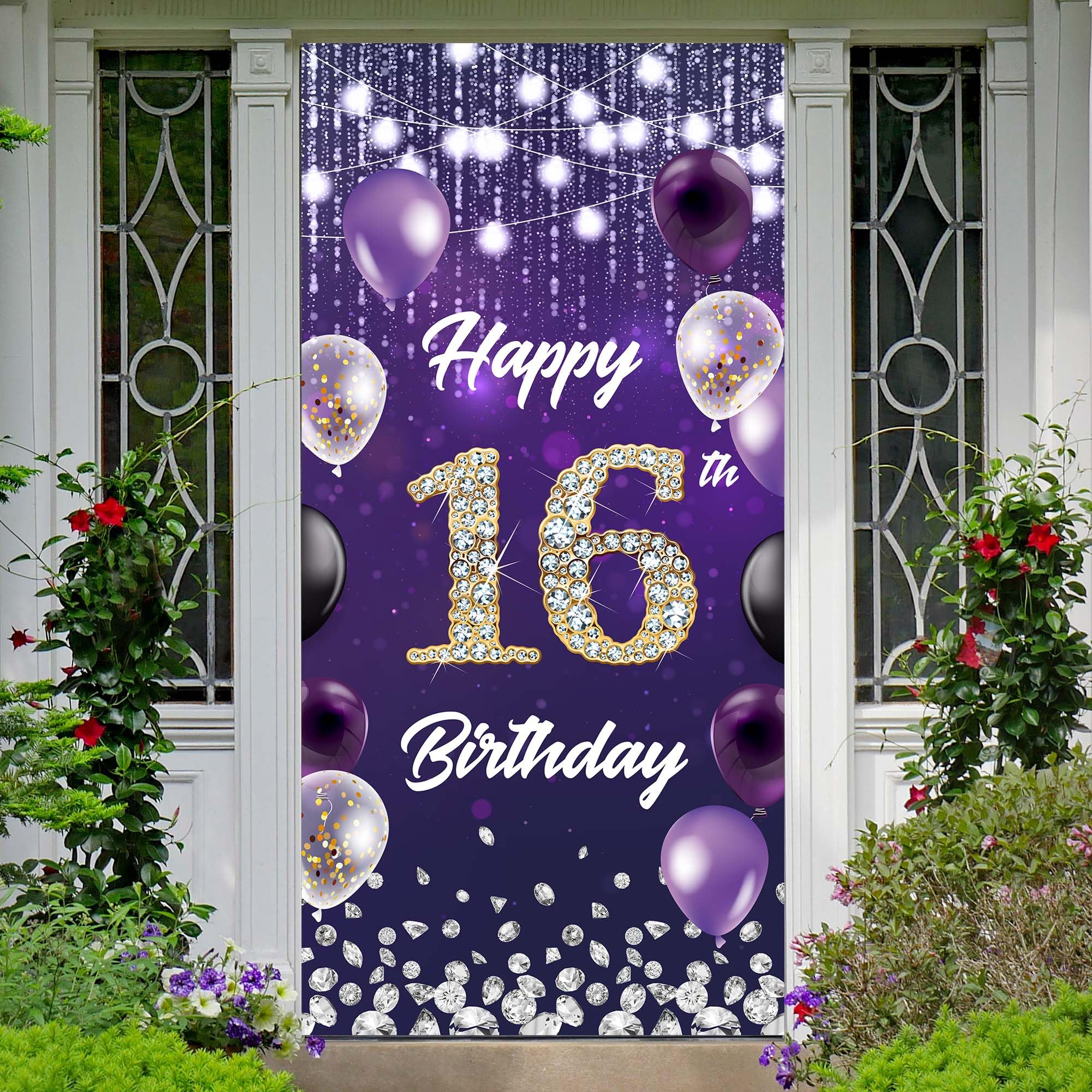 Happy 16th Birthday Backdrop Banner Purple Theme Background with Shiny Diamond Noble Elegant Birthday Party Photo Photography Prop Booth Door