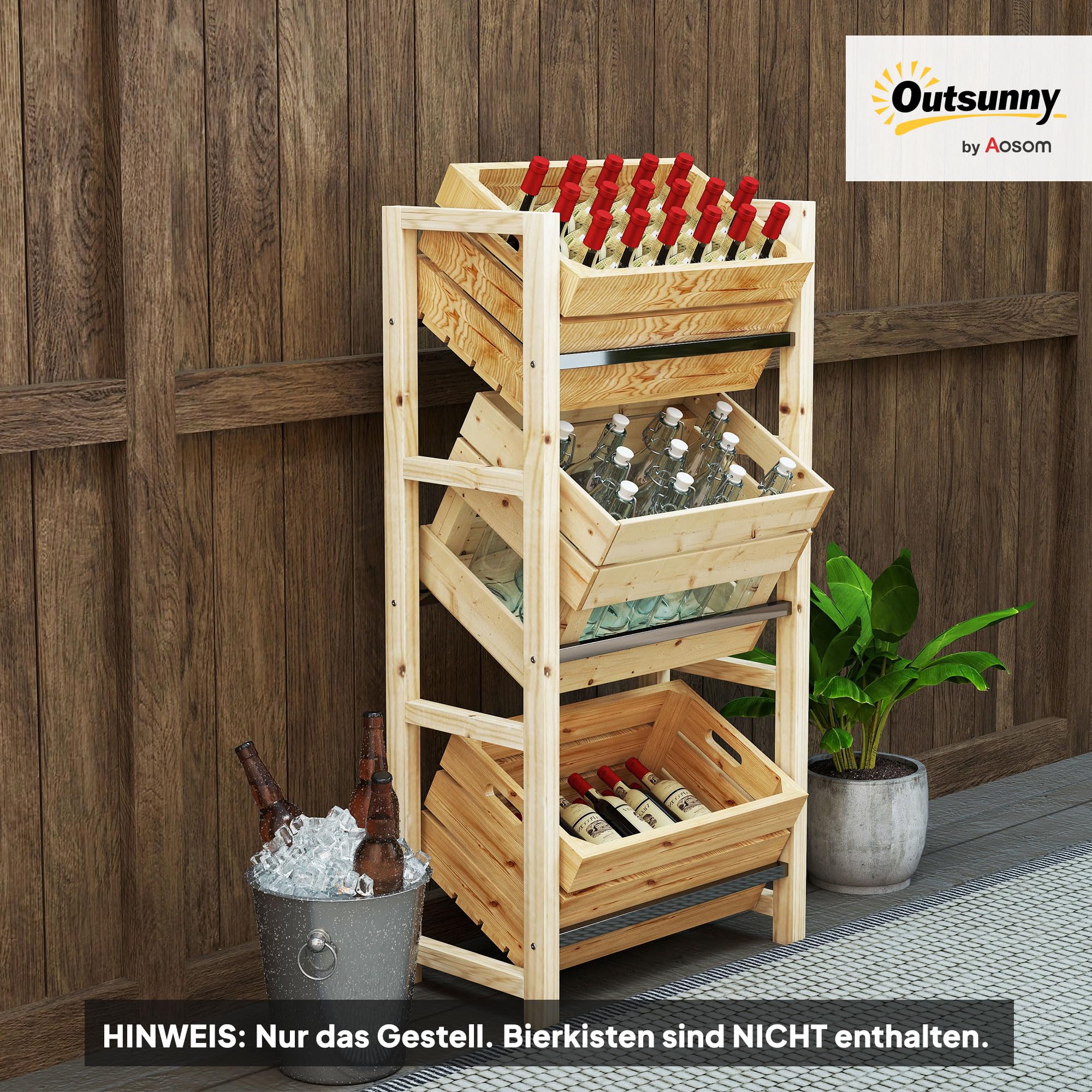 Outsunny Getränkekistenregal für 3 Getränkekisten Getränkeregal Holz Kistenregal mit 3 Ebenen freistehend Getränkekistenhalter belast 150kg Kistenständer für Bier, Wasser 56 x 32 x 112 cm Naturholz