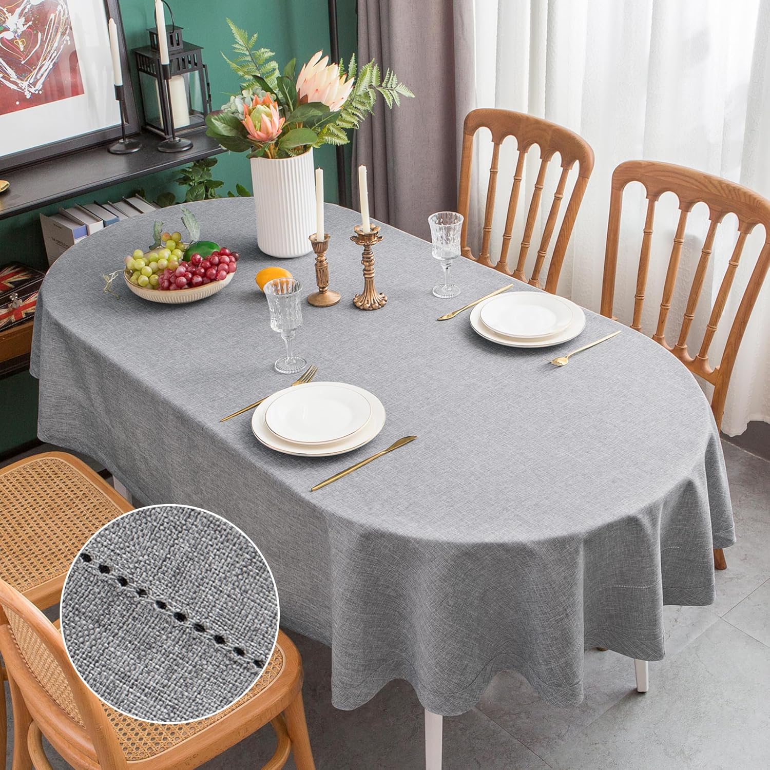 mylacerhome Farmhouse Solid Grey Oval Tablecloth Hemstitch