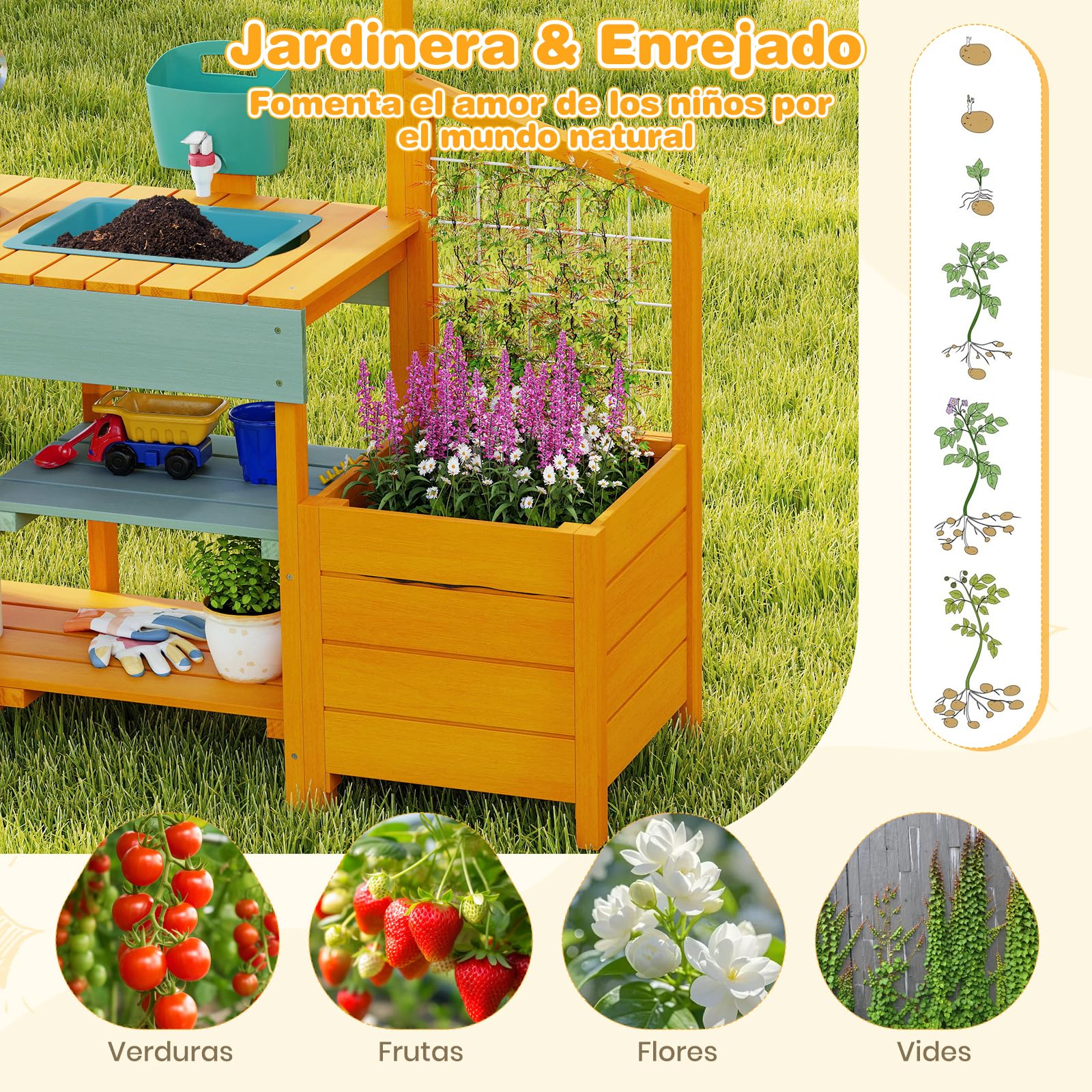 COSTWAY Cocina Juguete Exterior, Cocinita Infantil de Madera con Jardinera y Enrejado, Cocina de Barro con Fregadero Extraíble, Grifo, Fogones, Depósito de Agua para Niños de 3-8 Años (Amarillo)