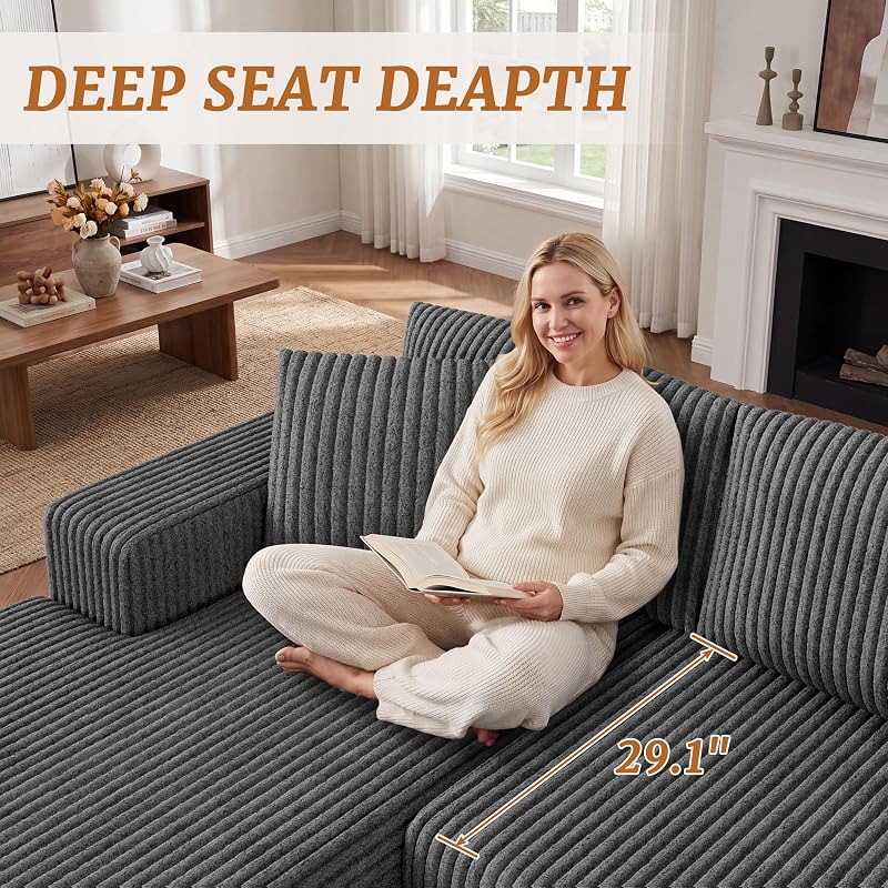 Shintenchi 103" Boneless Couch, L Shaped Modular Sectional Sofa with Deep Seat, Cloud Foam Couch with Oversized Chaise Lounge, No Assembly Required Plush Corduroy Living Room Furniture, Iron Gray image 3